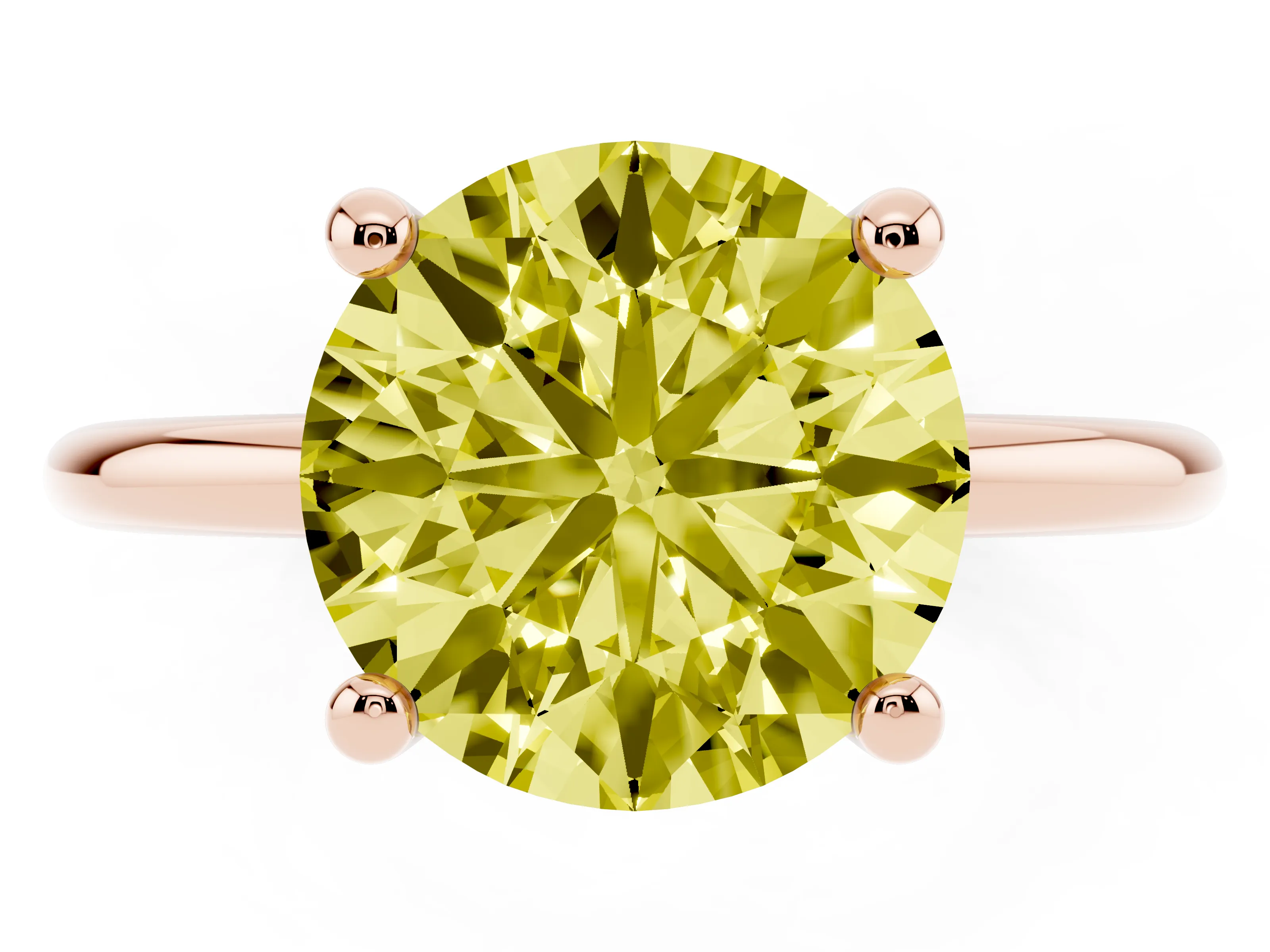 Fancy Yellow Round Cut Diamond Solitaire Ring Set in Rose gold with Secure Prong Setting on a Classic Band