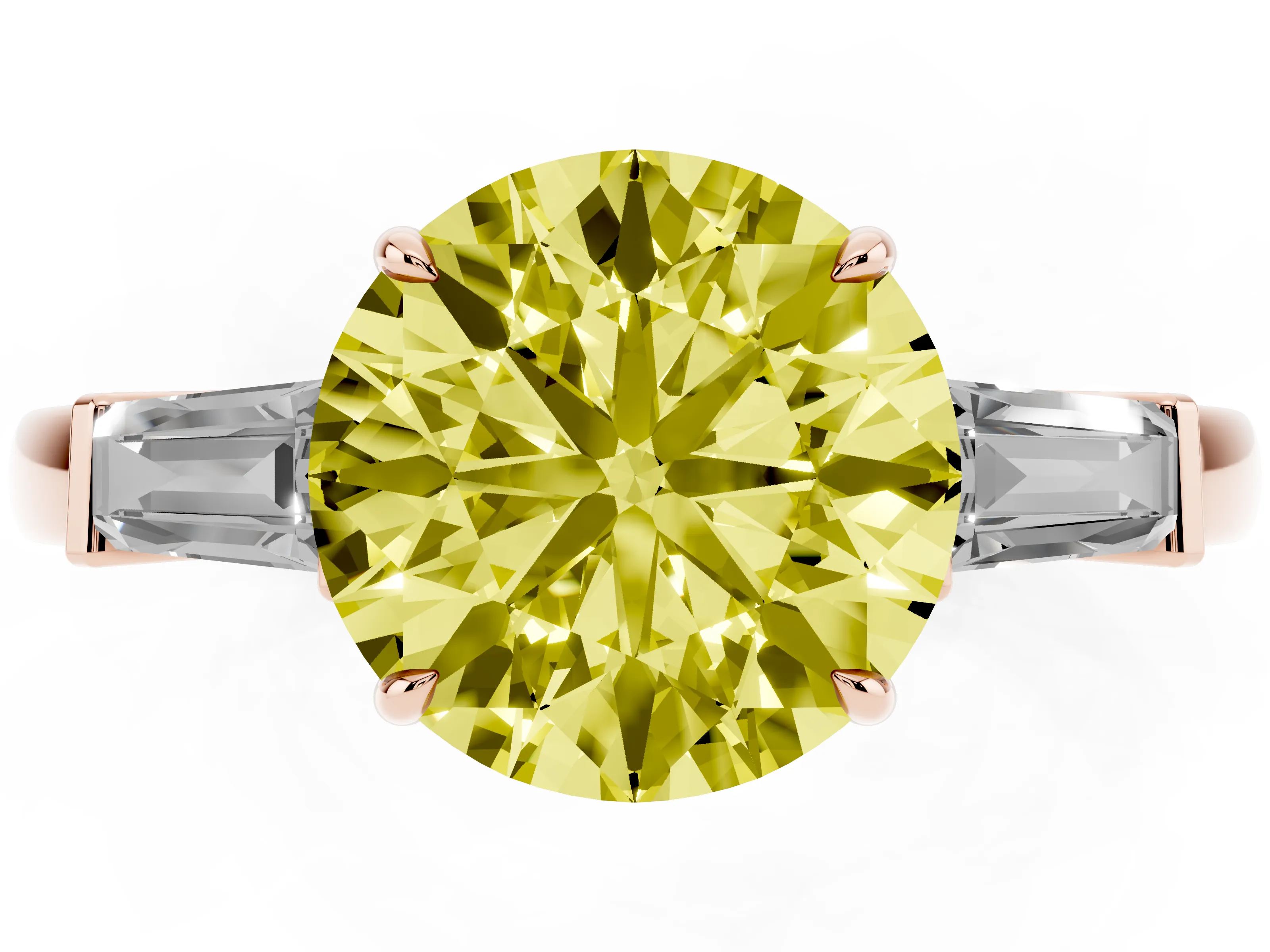 Fancy Yellow Round Cut Diamond Three-Stone Ring Set in Rose gold with Tapered Baguette Side Stones and Prong Setting