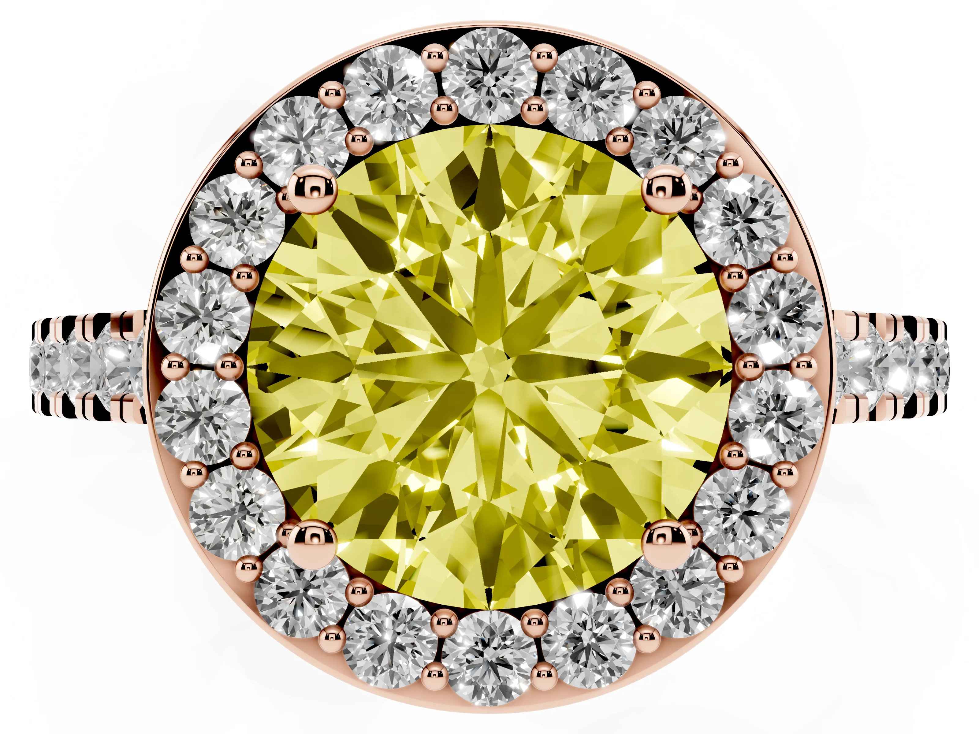 Fancy Yellow Round Cut Diamond Halo Ring Set in Rose gold with Round Pavé Split Shank and Prong Setting