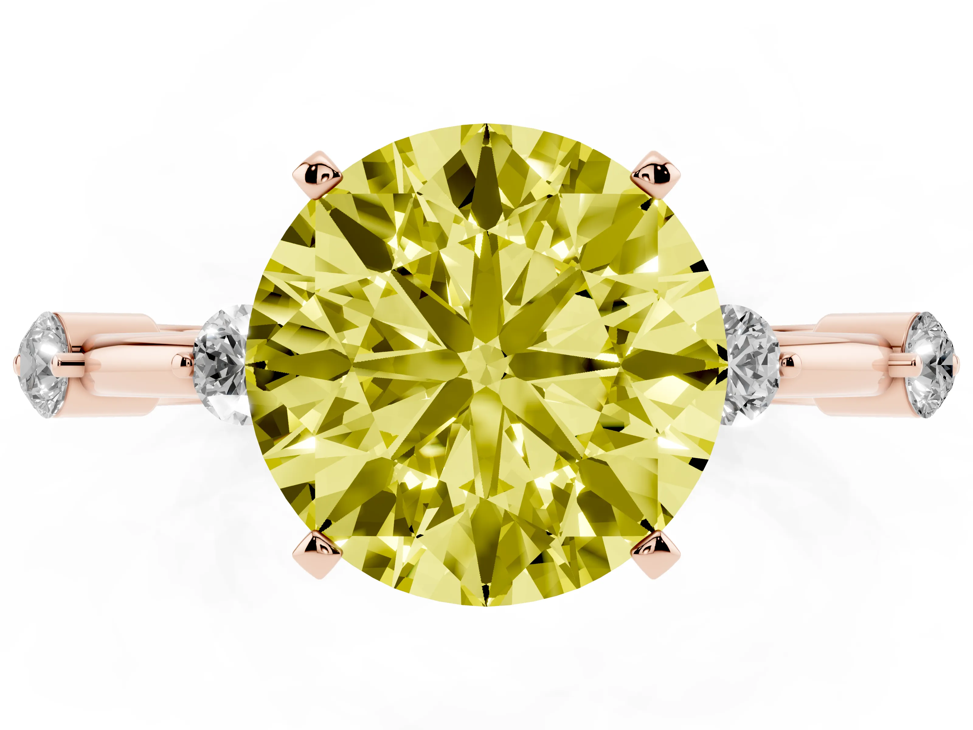 Fancy Yellow Round Cut Diamond Solitaire Ring Set in Rose gold with Bezel Set Side Stones and Prong Setting