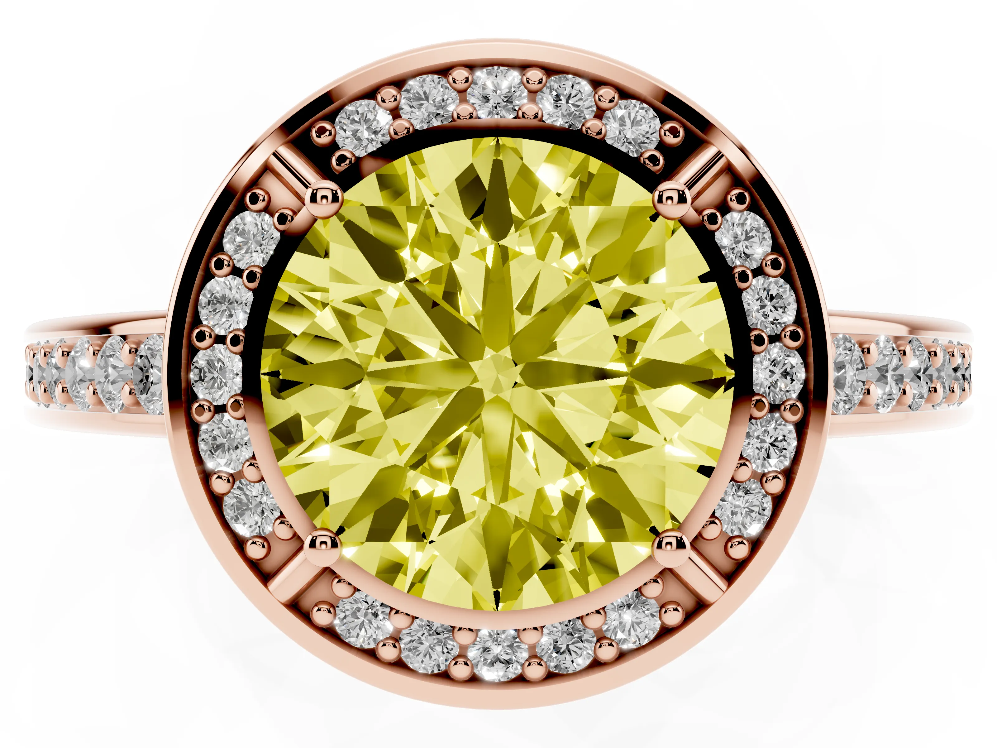 Fancy Yellow Round Cut Diamond Halo Pavé Split Shank Ring Set in Rose gold with Prong Setting