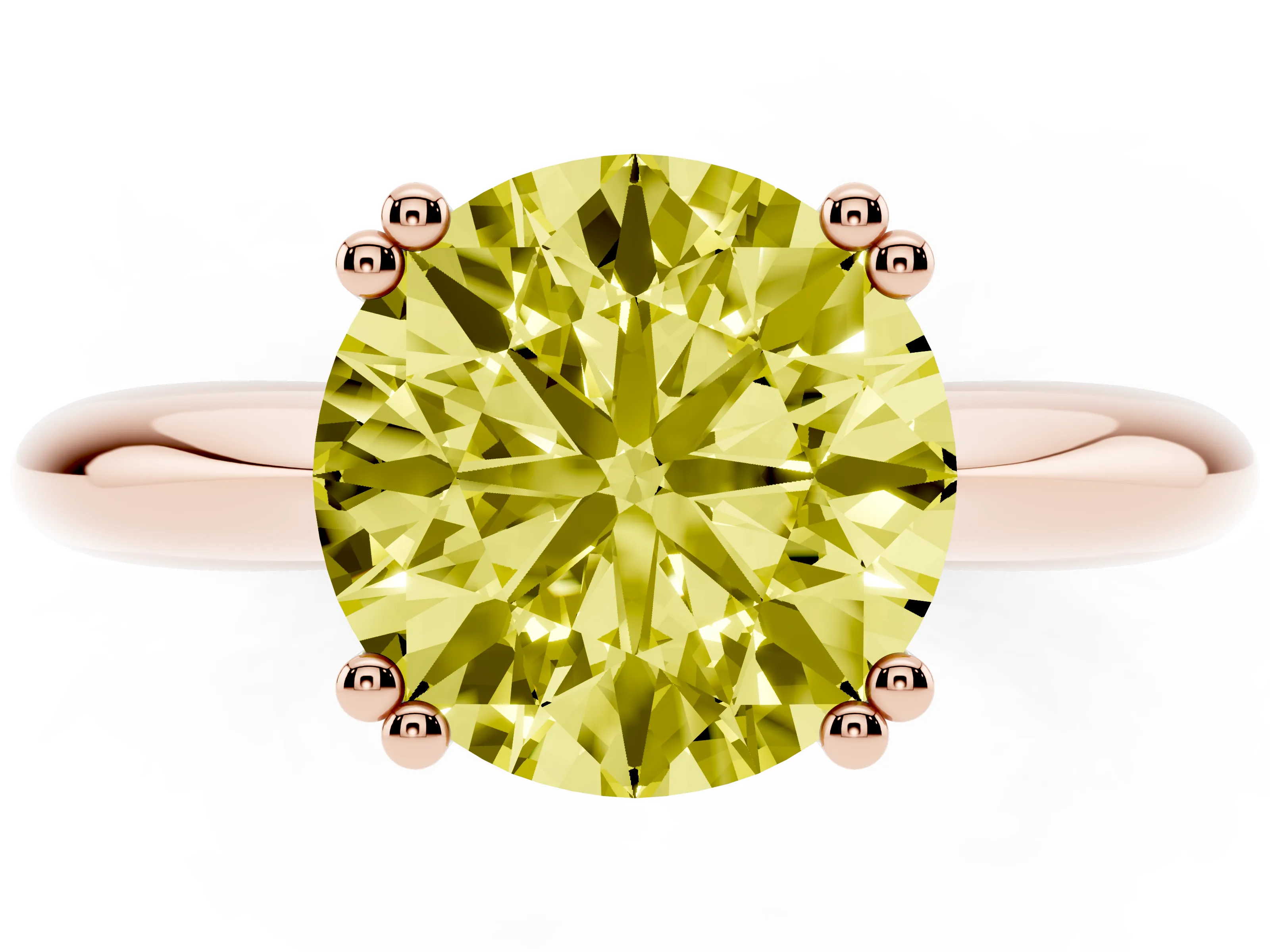 Fancy Yellow Round Cut Diamond Solitaire Engagement Ring Set in Rose gold with Tapered Band and Prong Setting