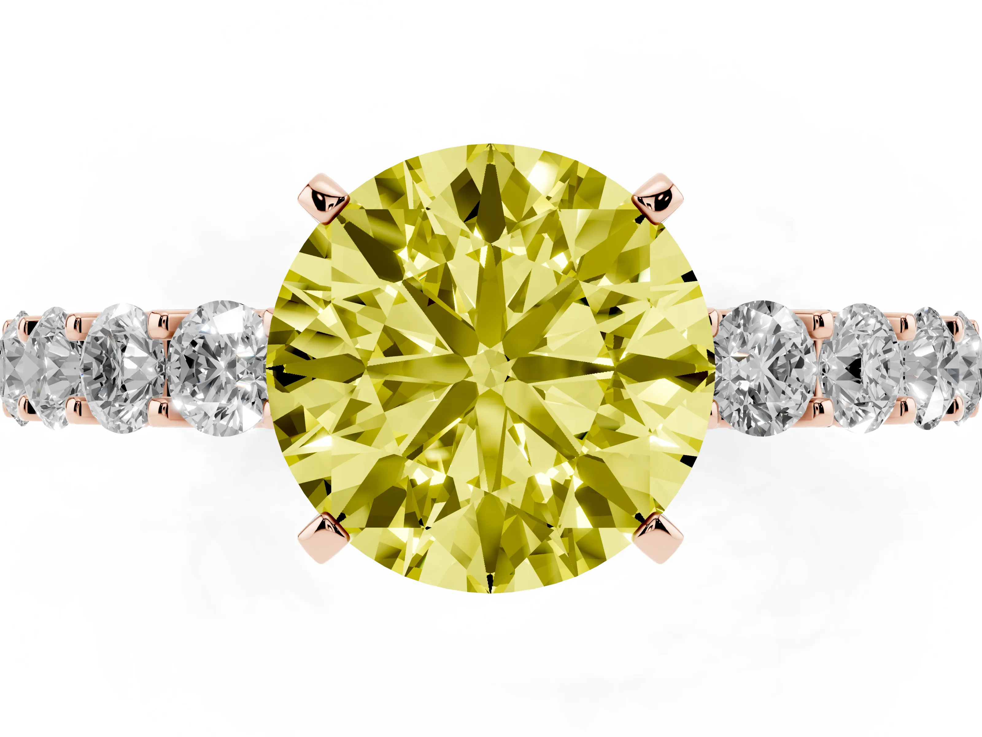 Fancy Yellow Round Cut Diamond Solitaire Ring Set in Rose gold with Shared Prong Pavé Band