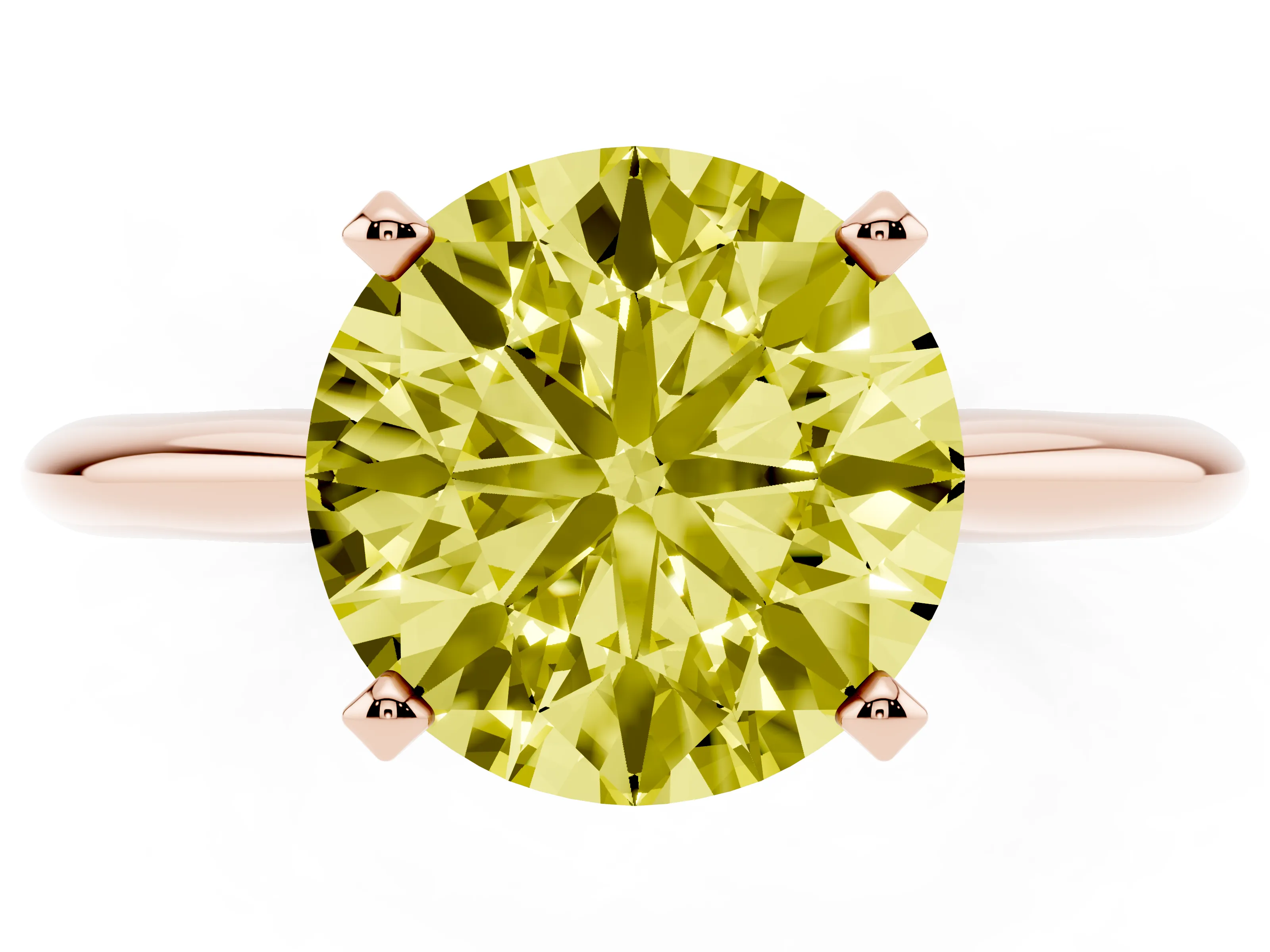Fancy Yellow Round Cut Diamond Solitaire Ring Set in Rose gold with Prong Setting on a Plain Round Band