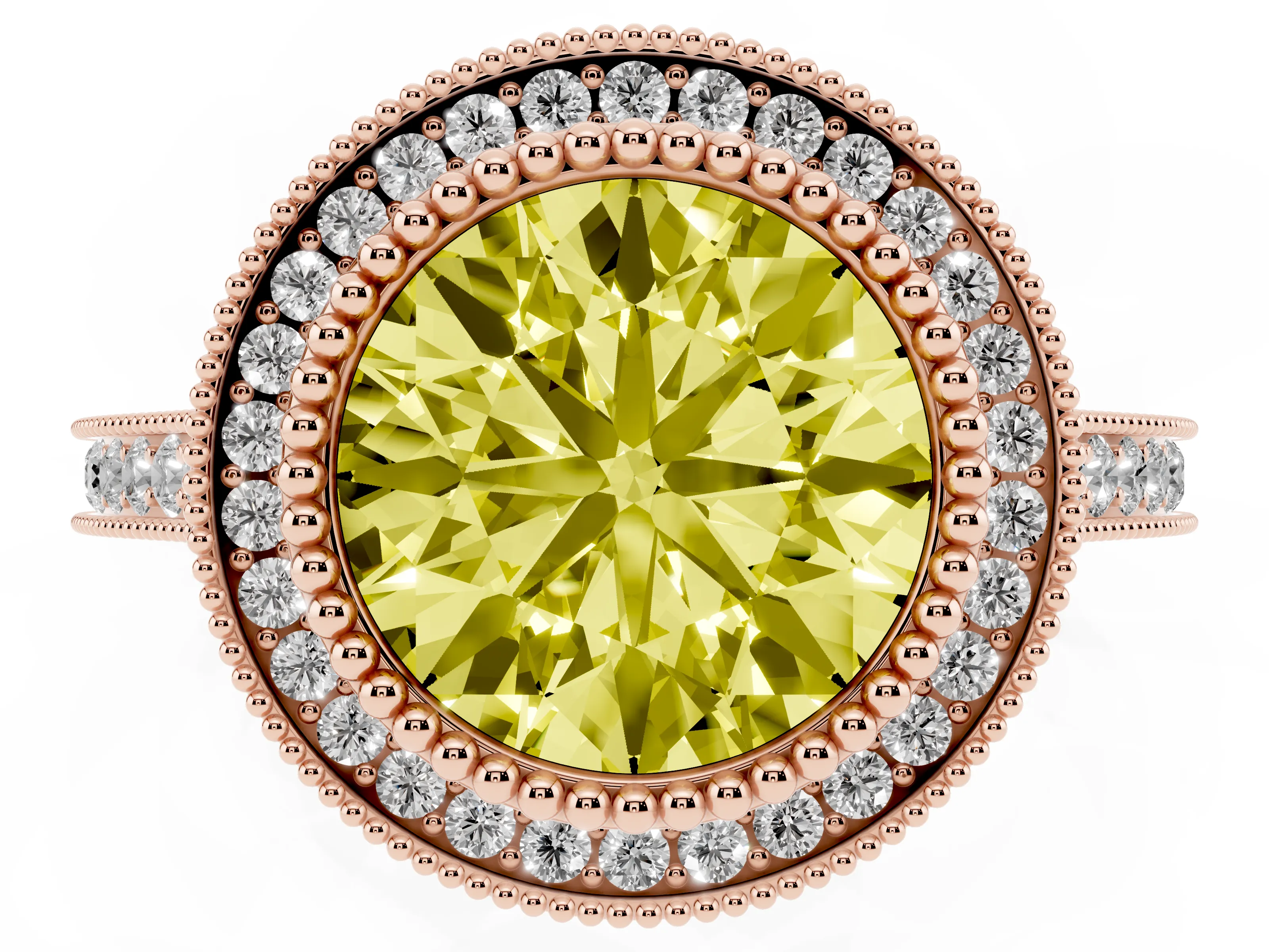 Fancy Yellow Round Cut Diamond Halo Ring Set in Rose gold with Milgrain Frame and Pavé Band