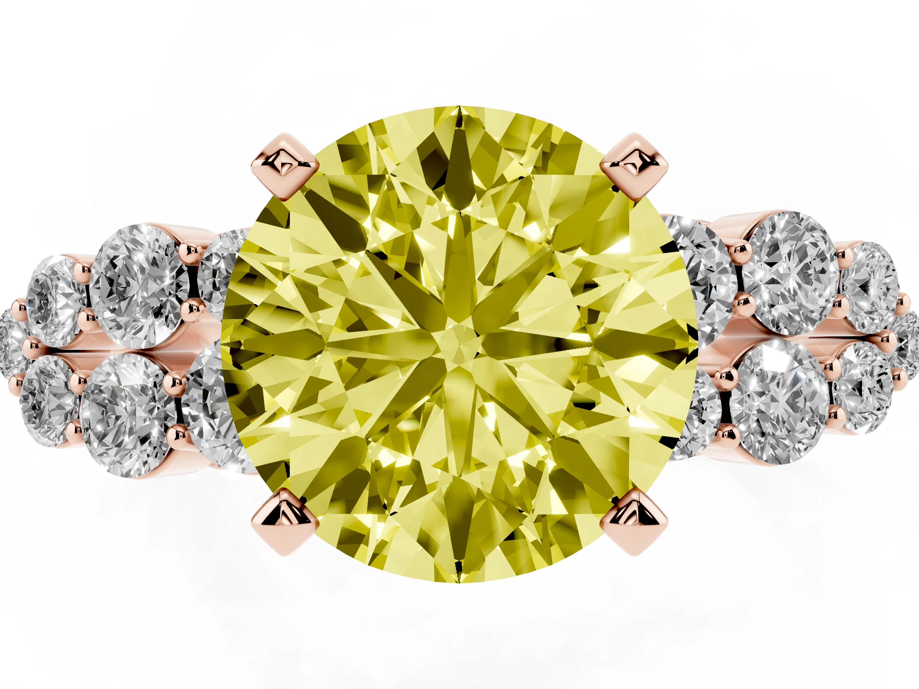 Fancy Yellow Round Cut Diamond Cluster Engagement Ring Set in Rose gold with Pavé Band and Prong Setting