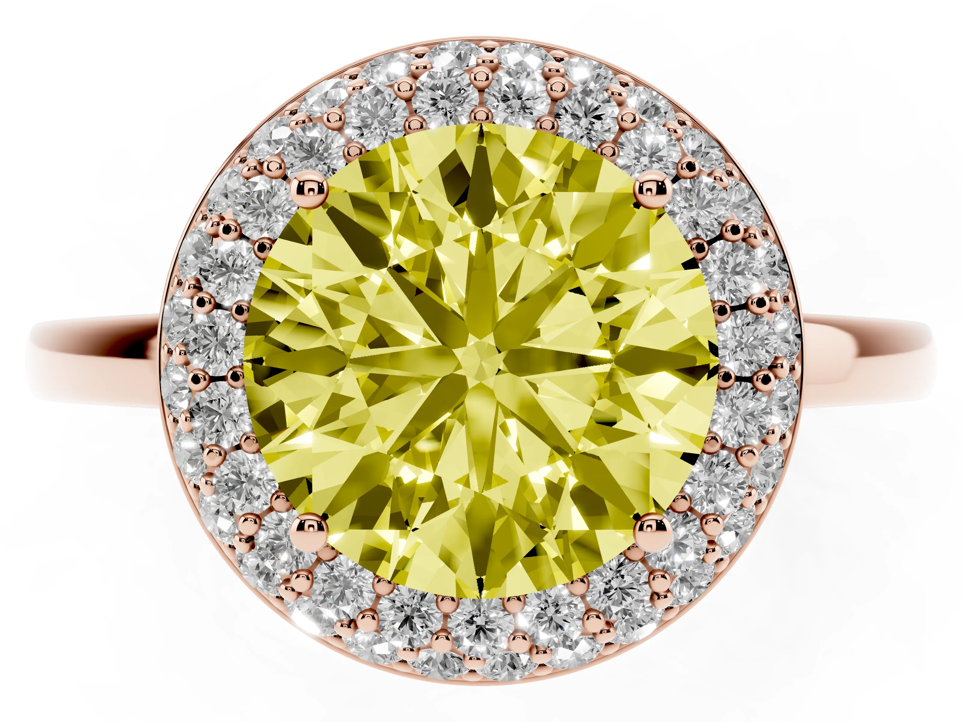 Fancy Yellow Round Cut Diamond Halo Engagement Ring Set in Rose gold with Solitaire Band and Prong Setting