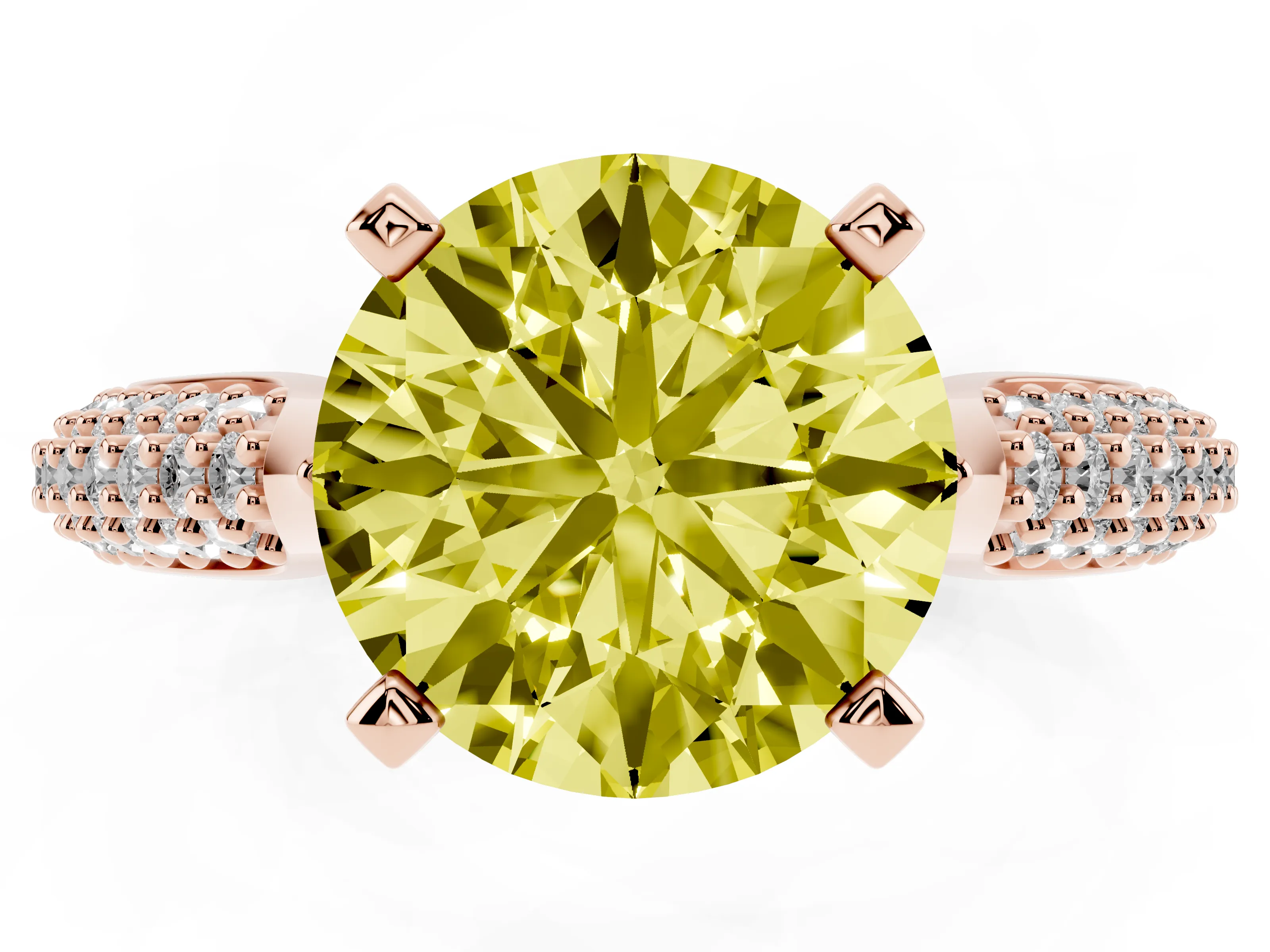 Fancy Yellow Round Cut Diamond Solitaire Engagement Ring Set in Rose gold with Multi-Row Round Pavé Band and Prong Setting