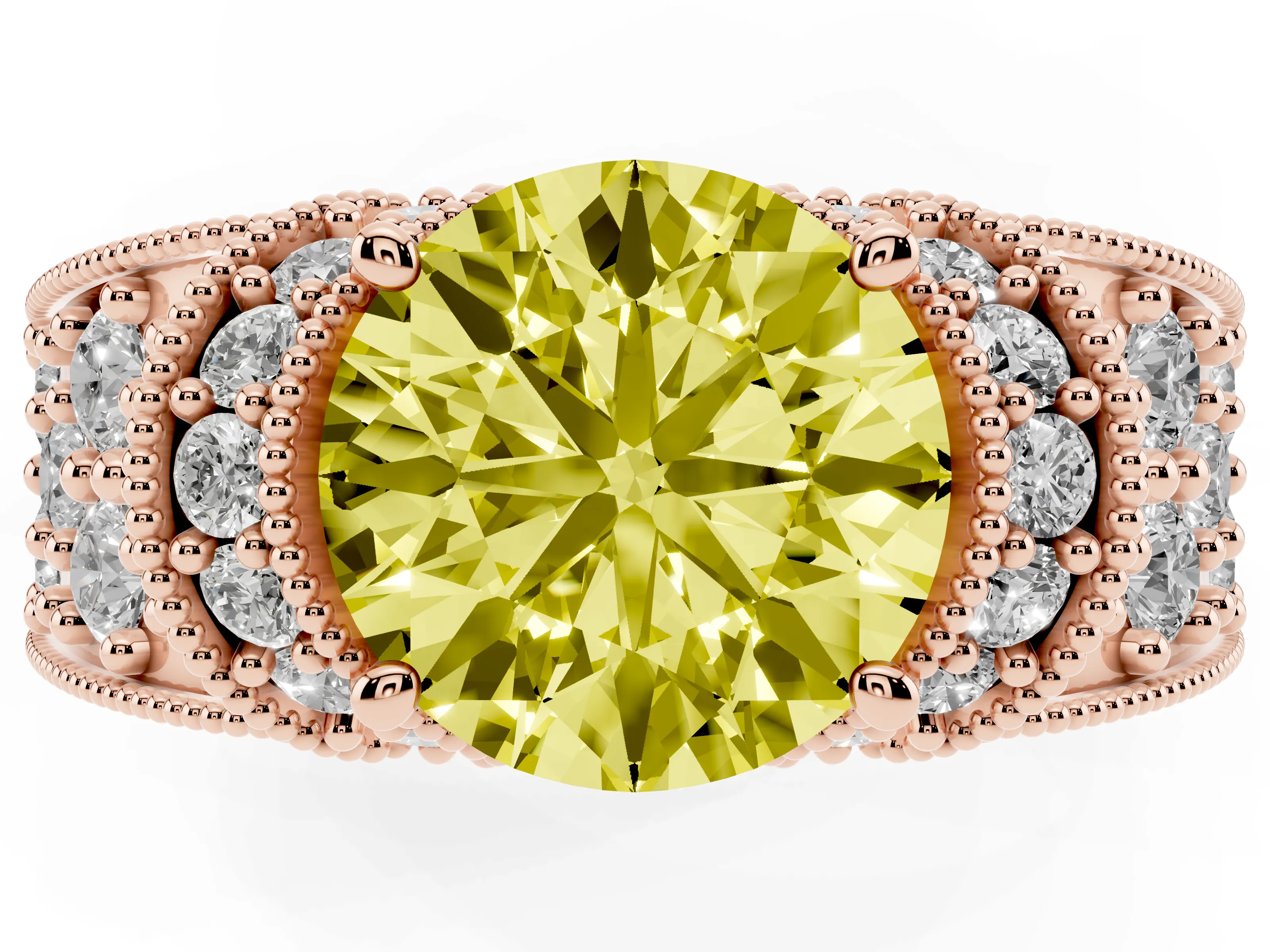 Fancy Yellow Round Cut Diamond Milgrain Halo Pavé Engagement Ring Set in Rose gold with Prong Setting