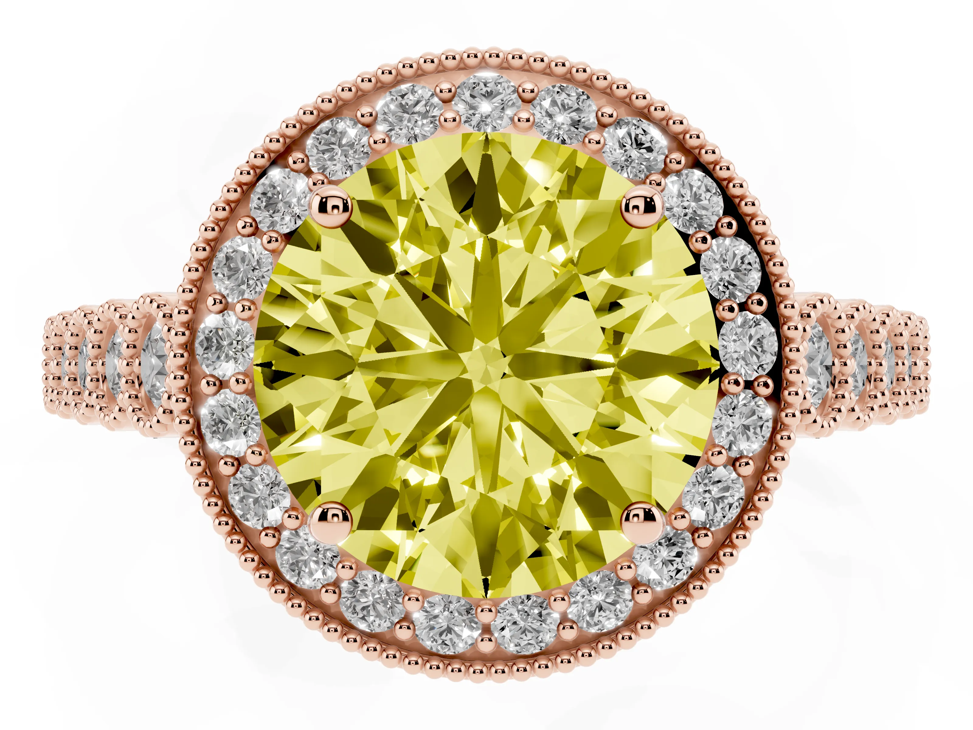 Fancy Yellow Round Cut Diamond Milgrain Halo Solitaire Ring Set in Rose gold with Bezel Set Side Stones and Pavé Band