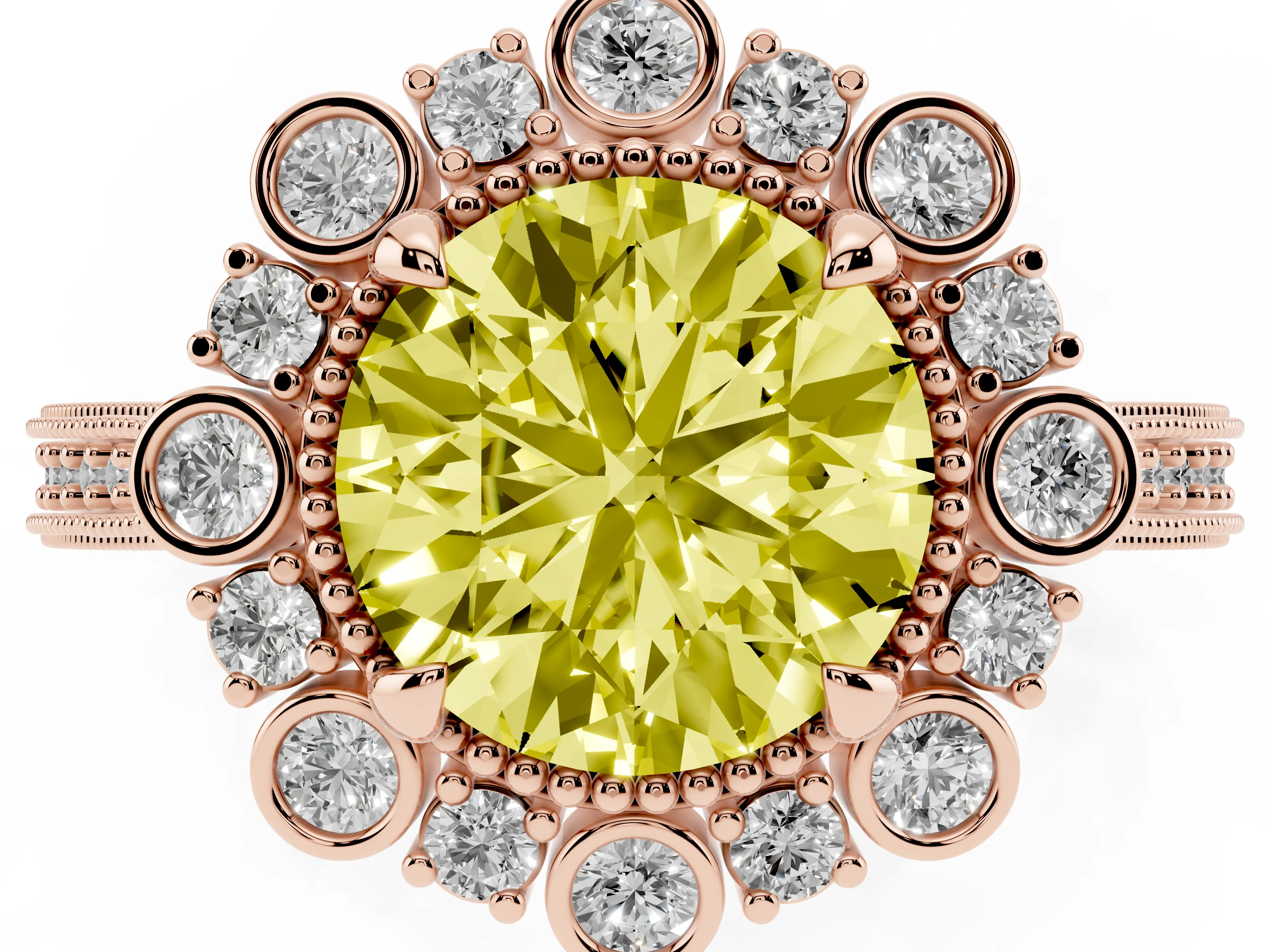 Fancy Yellow Round Cut Diamond Halo Milgrain Pavé Ring Set in Rose gold with Prong Setting