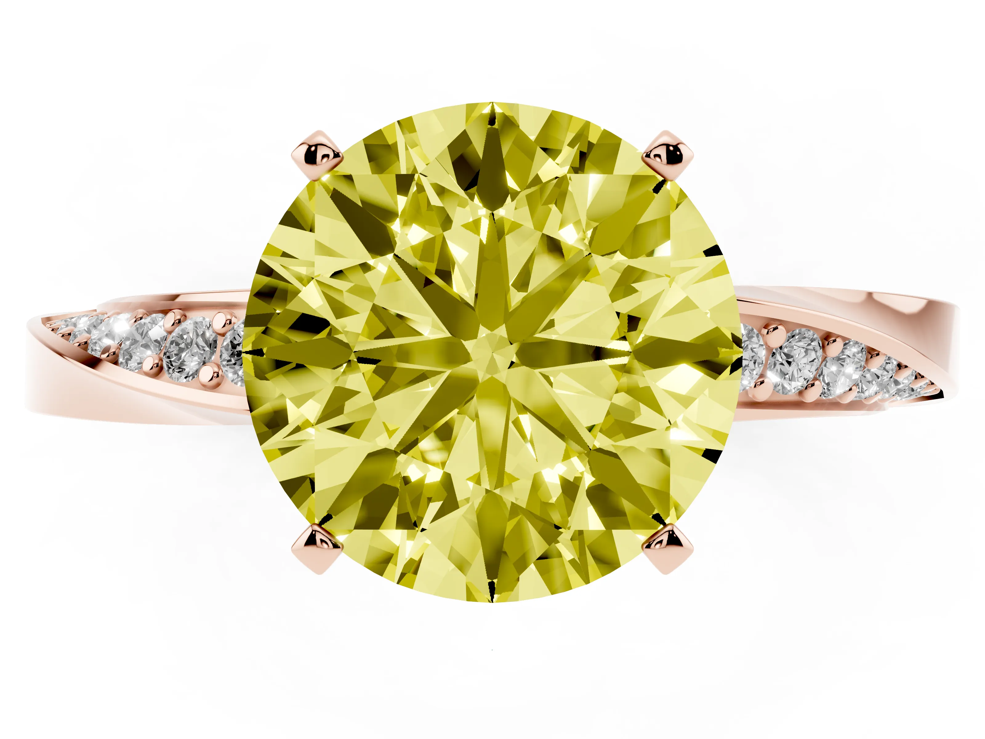 Fancy Yellow Round Cut Diamond Engagement Ring Set in Rose gold with Side Stone Accents and Prong Setting