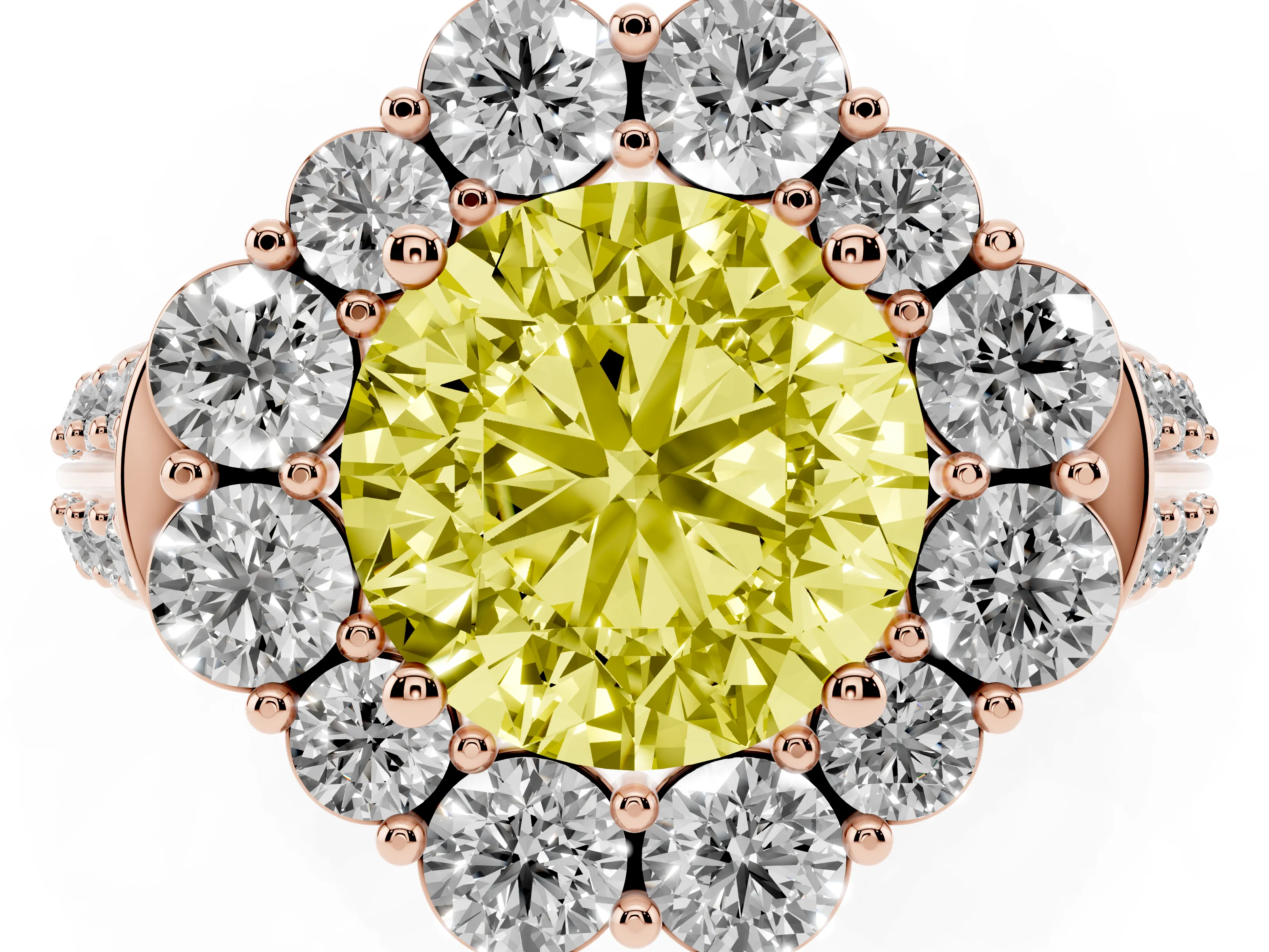 Fancy Yellow Round Cut Diamond Halo Engagement Ring Set in Rose gold with Split Shank and Prong Setting