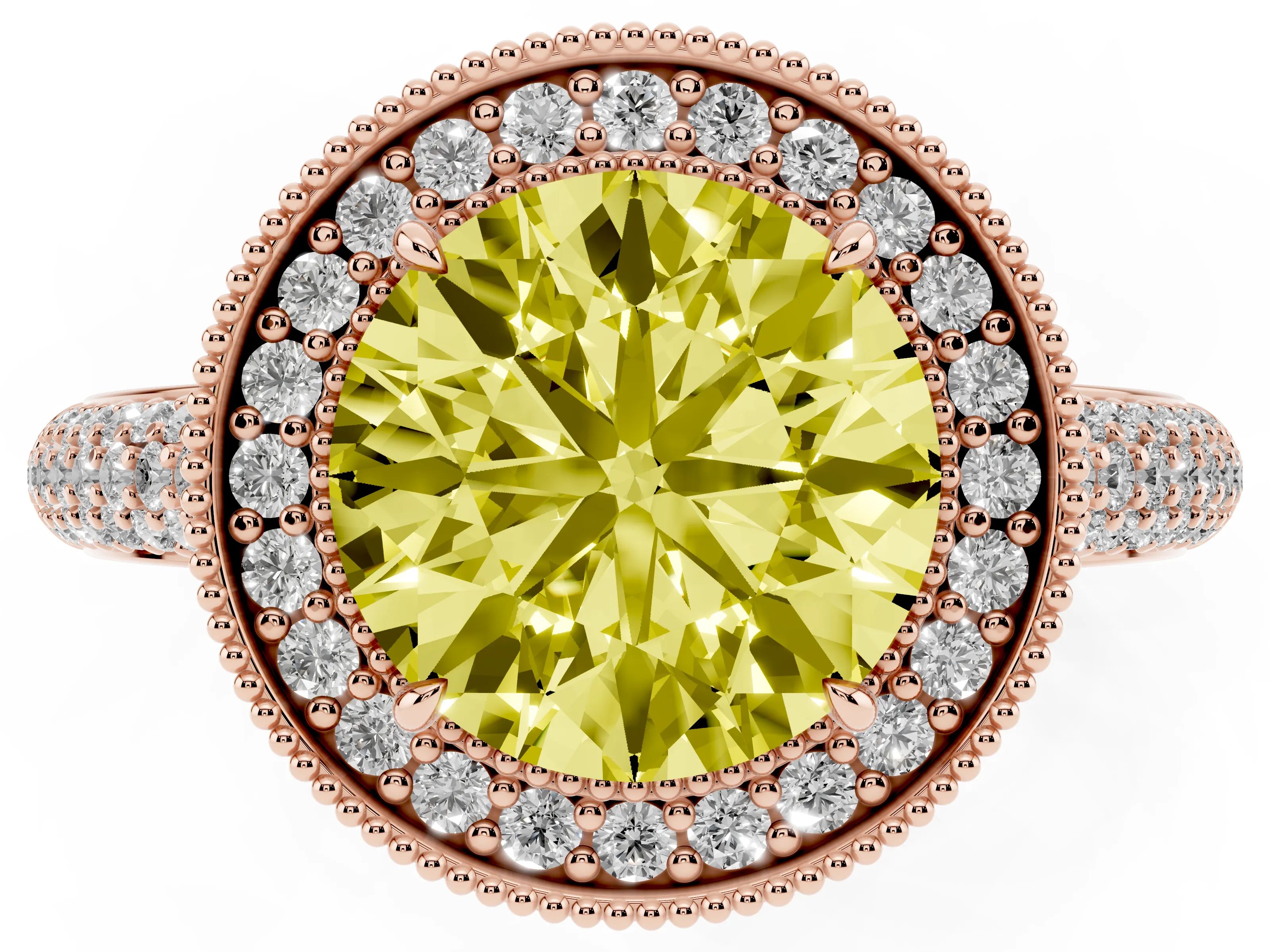 Fancy Yellow Round Cut Diamond Halo Pavé Band Set in Rose gold with Prong Setting