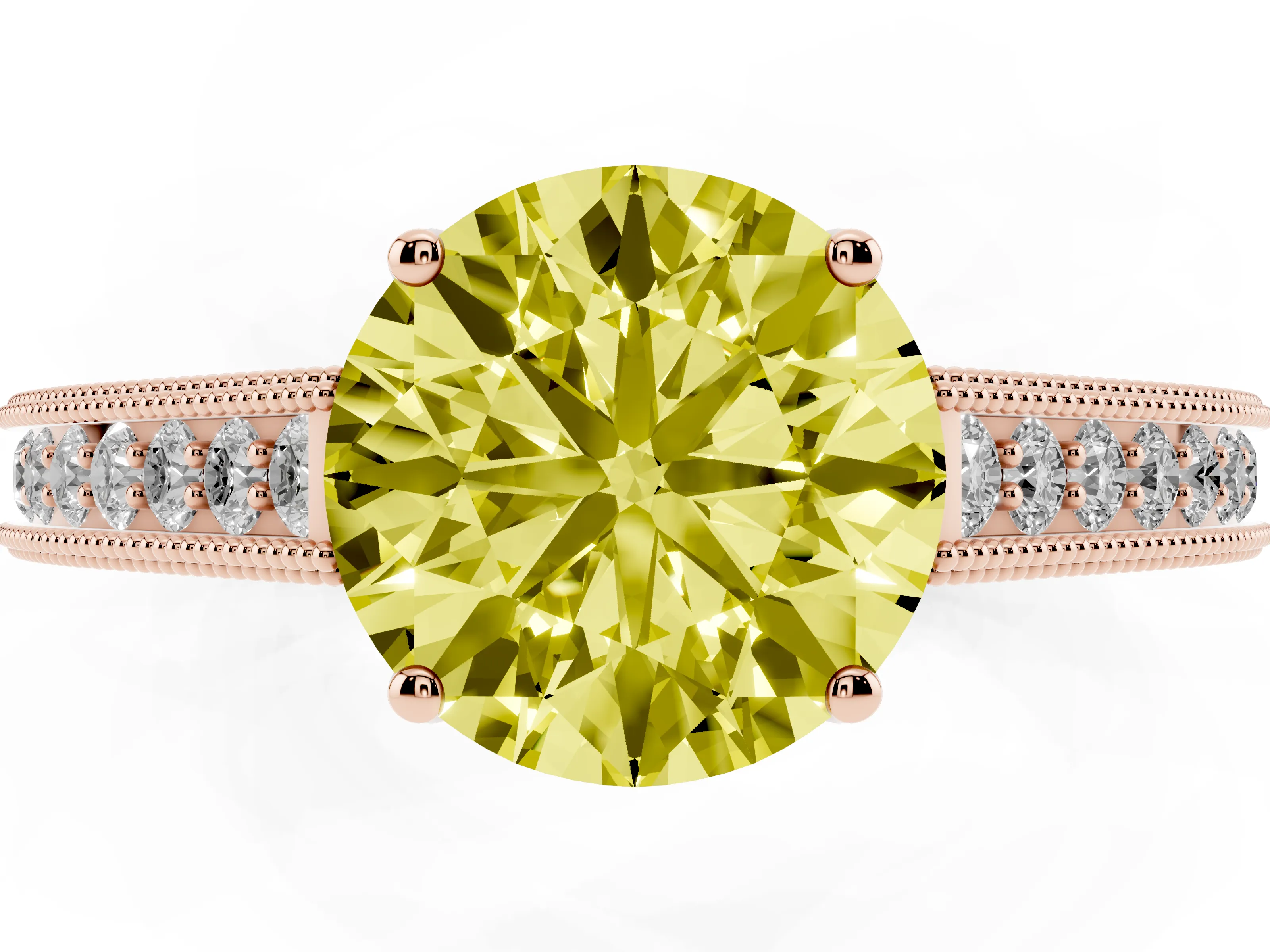 Fancy Yellow Round Cut Diamond Milgrain Pavé Band Solitaire Ring Set in Rose gold with Prong Setting