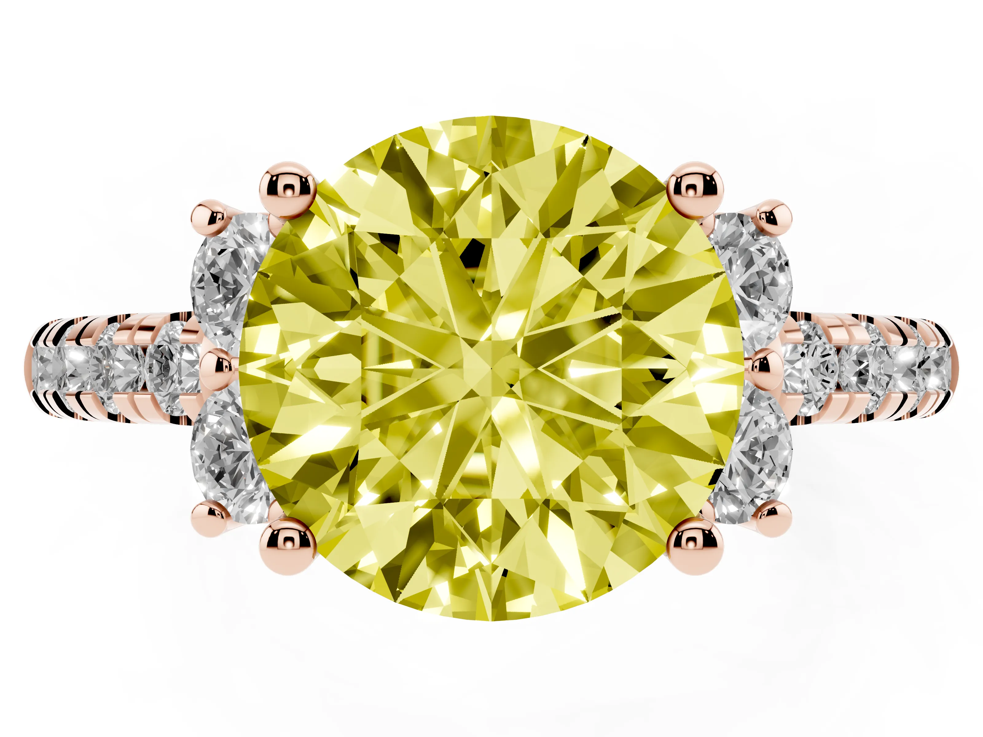 Fancy Yellow Round Cut Diamond Three-Stone Pavé Ring Set in Rose gold with Prong Setting