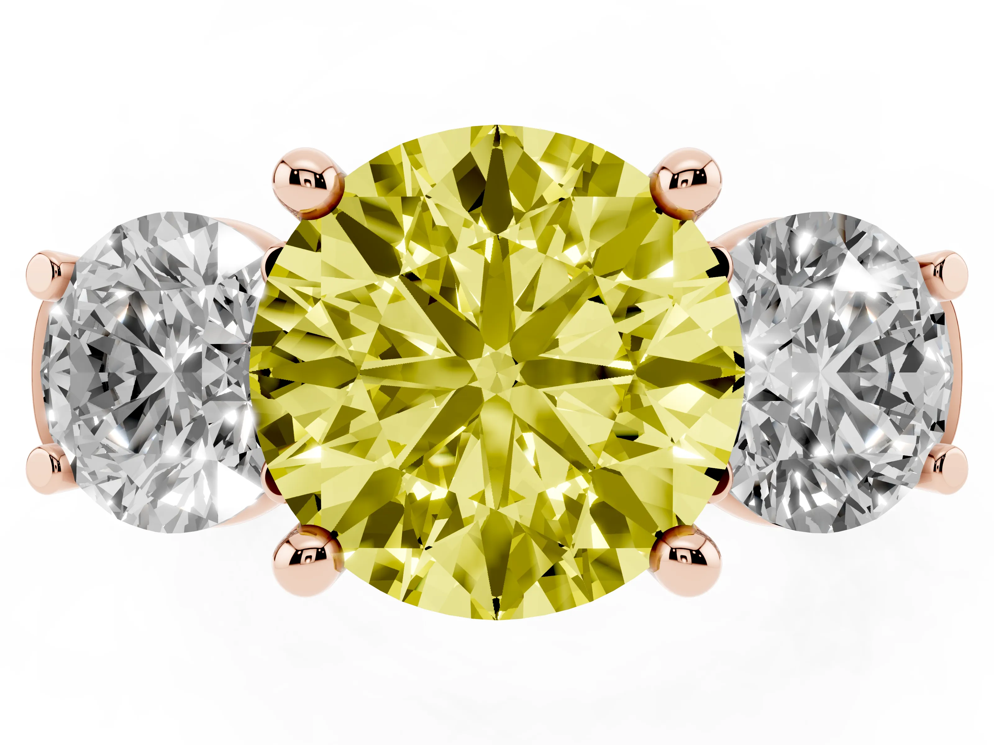 Fancy Yellow Round Cut Diamond Three-Stone Trellis Ring Set in Rose gold with Comfort Fit Band