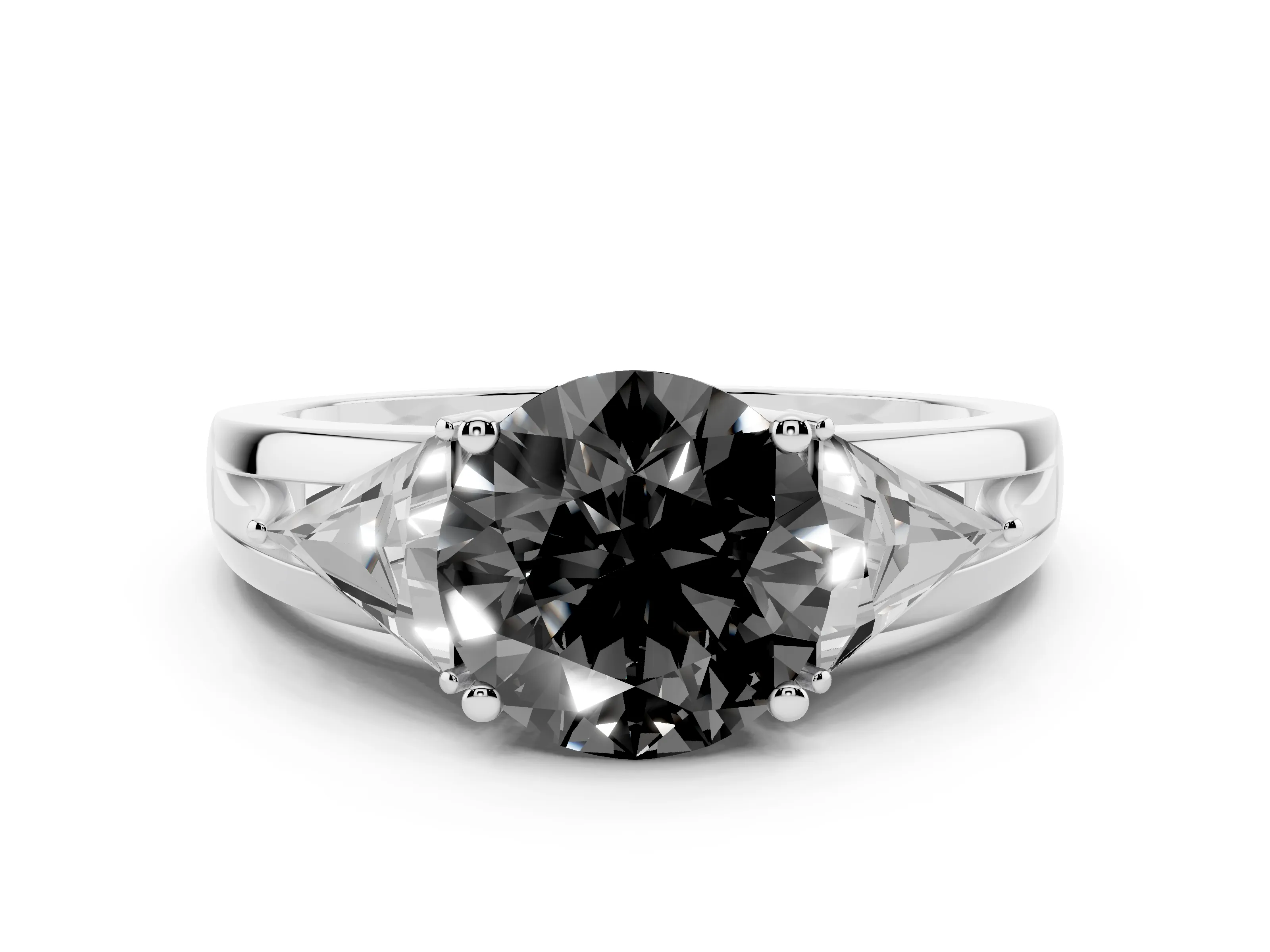 Fancy Black Round Cut Diamond Three-Stone Ring Set in Silver with Trillion Side Stones and Split Shank