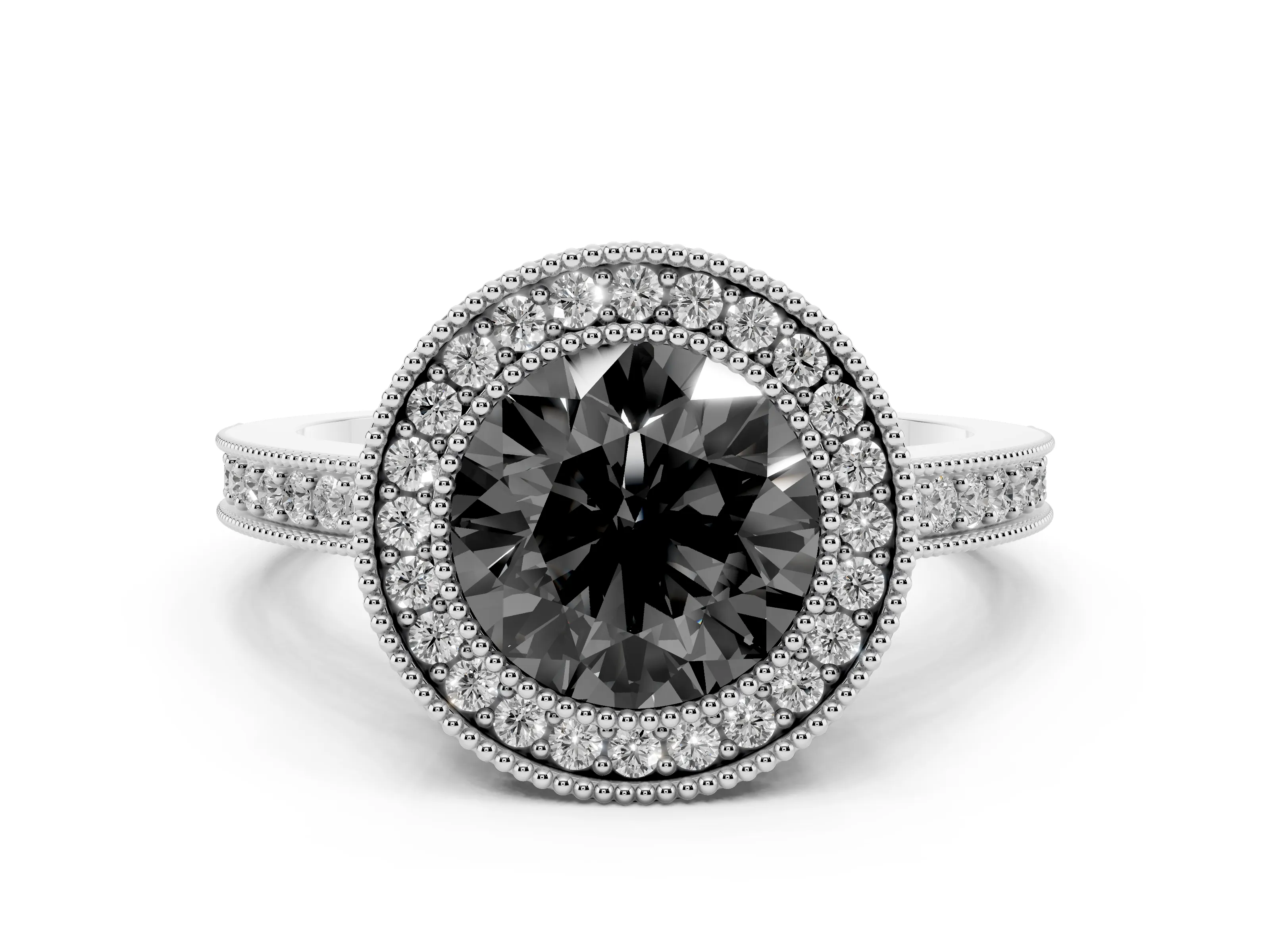 Fancy Black Round Cut Diamond Round Halo Ring Set in White gold with Pavé Band
