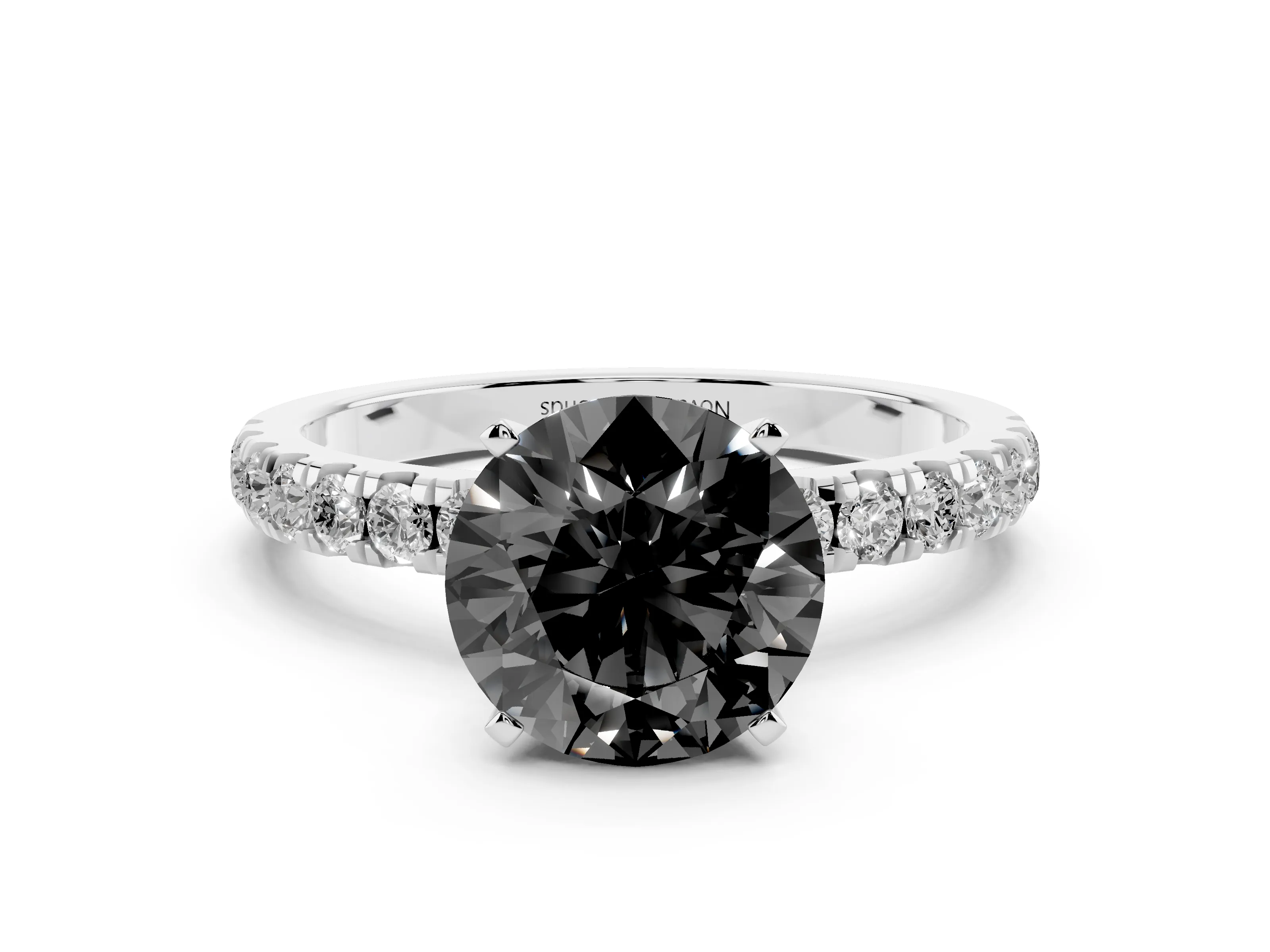 Fancy Black Round Cut Diamond Solitaire Ring Set in Silver with Pavé Accents and Prong Setting