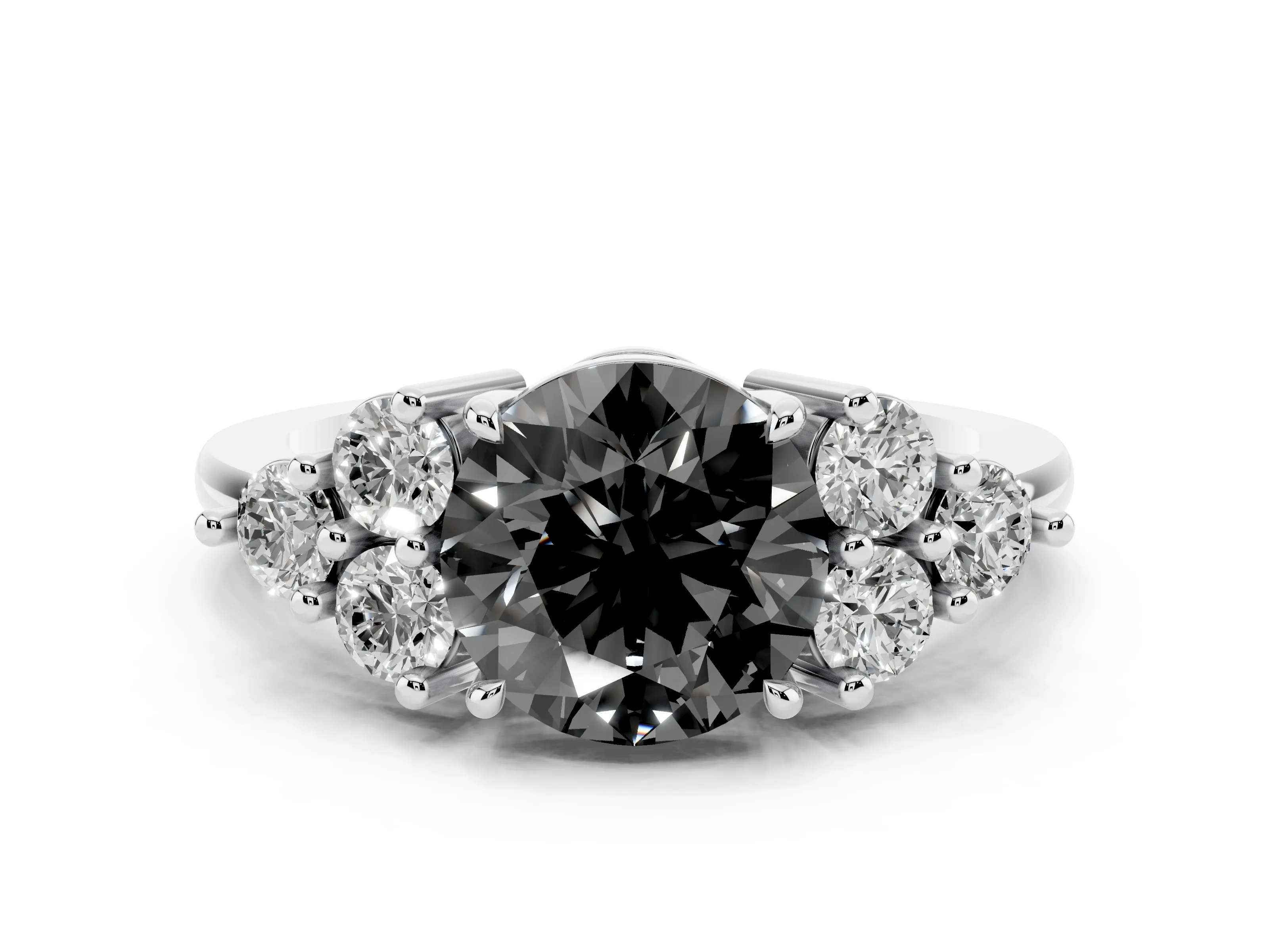Fancy Black Round Cut Diamond Solitaire Ring Set in Silver with Cluster Accents on Each Side