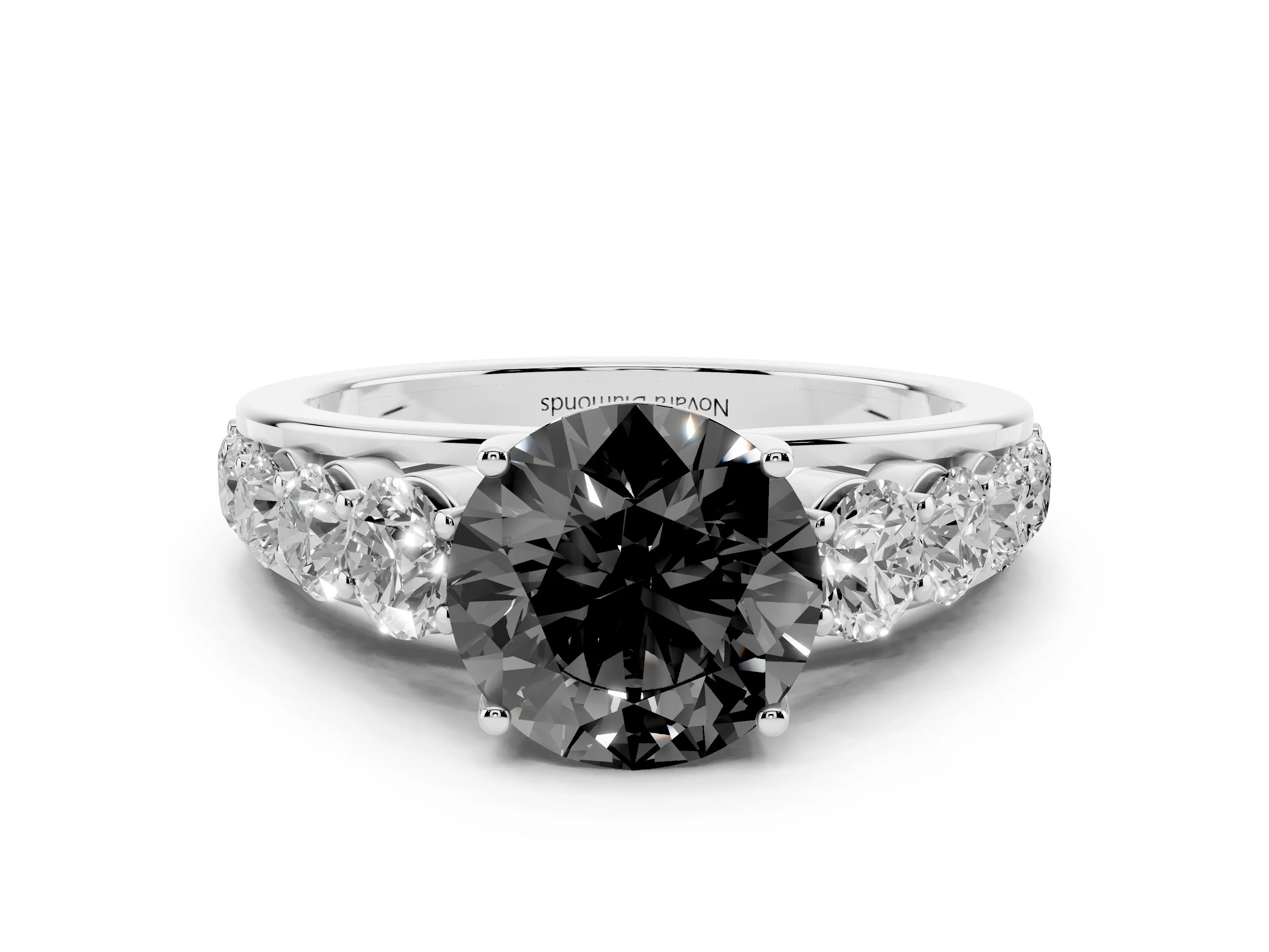 Fancy Black Round Cut Diamond Solitaire Ring Set in Silver with Pavé-Set Band and Prong Setting