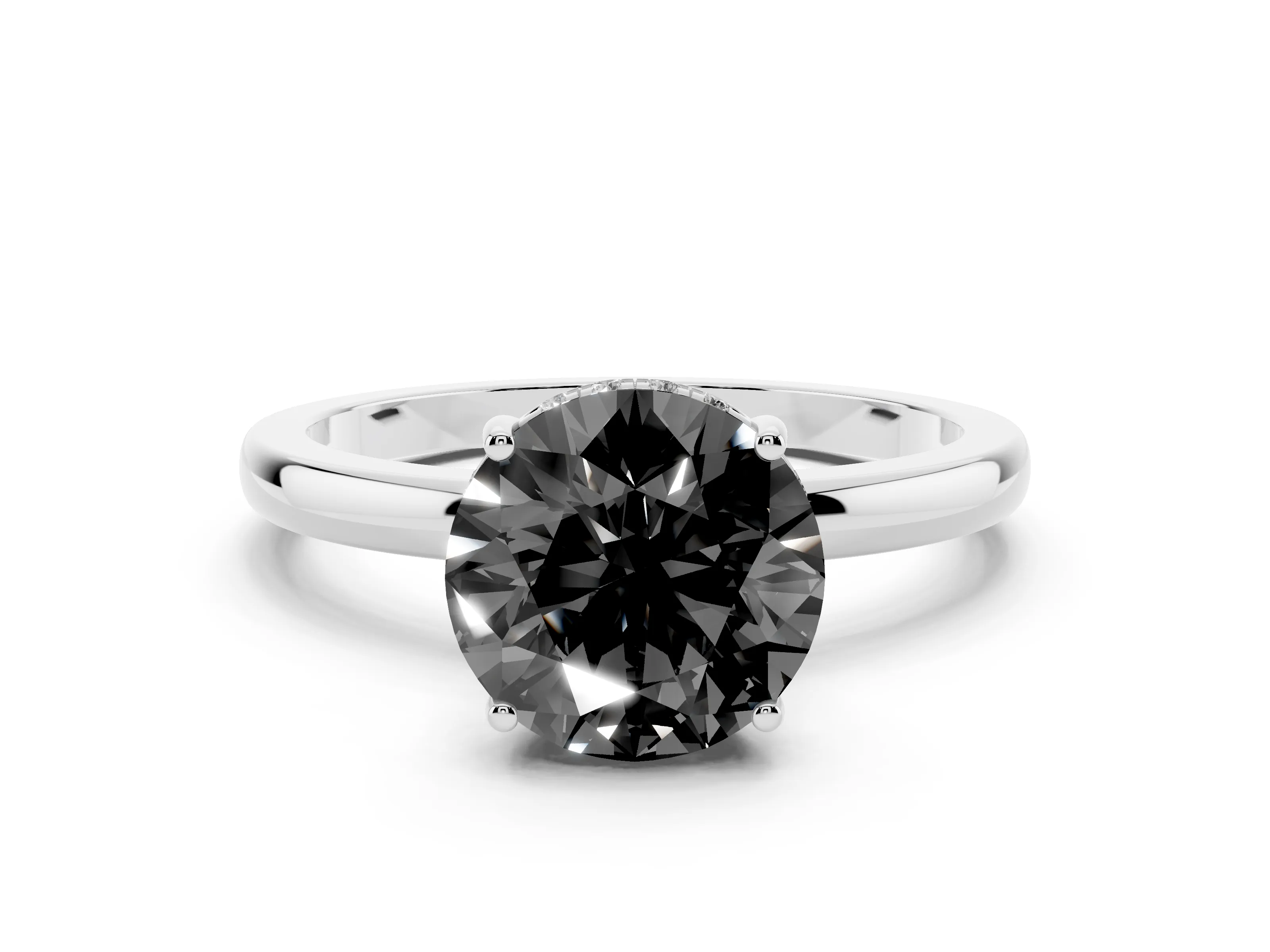 Fancy Black Round Cut Diamond Solitaire Ring Set in White gold with Plain Band and Prong Setting