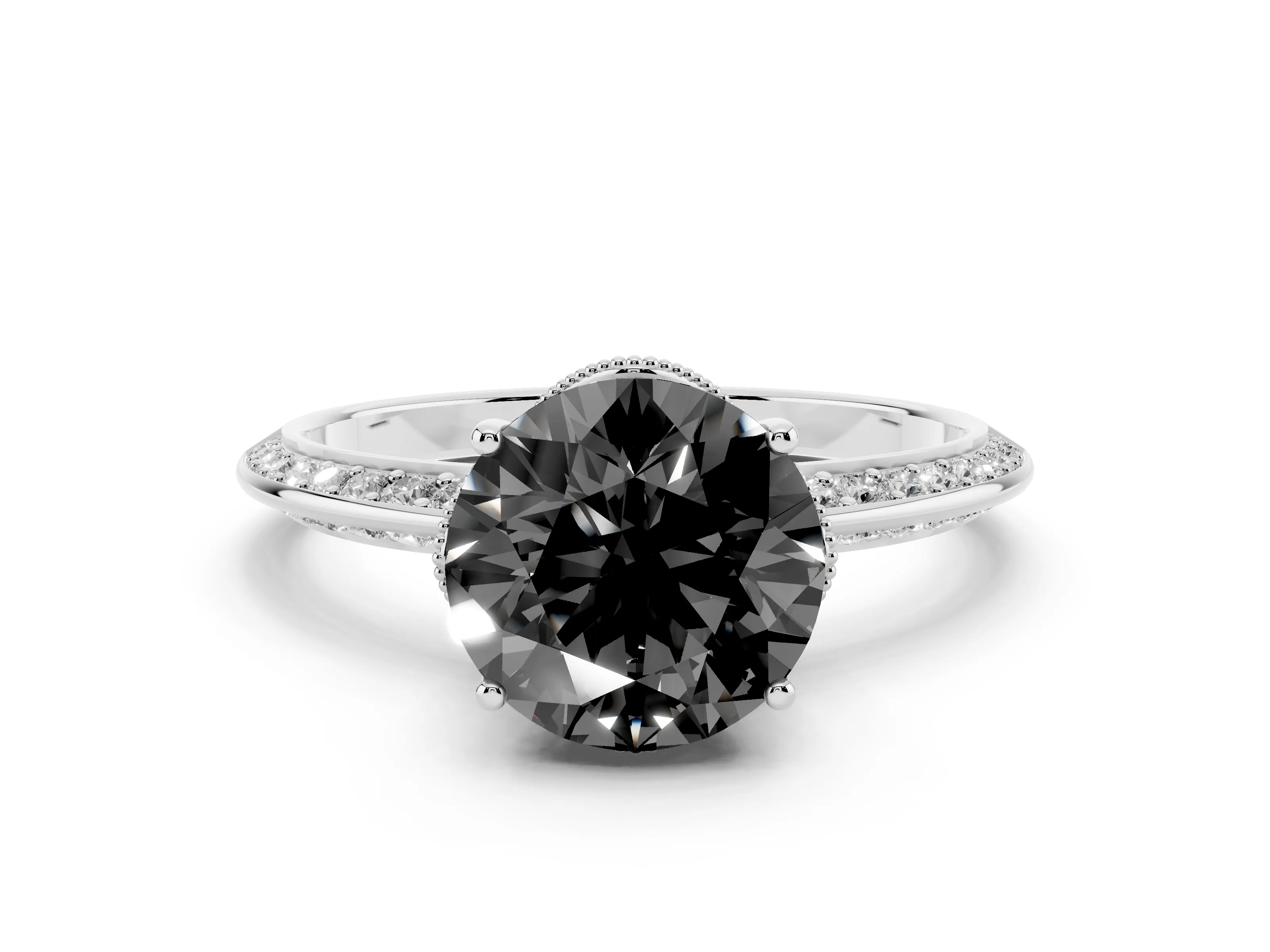 Fancy Black Round Cut Diamond Solitaire Engagement Ring Set in Silver with Pavé Split Shank and Prong Setting