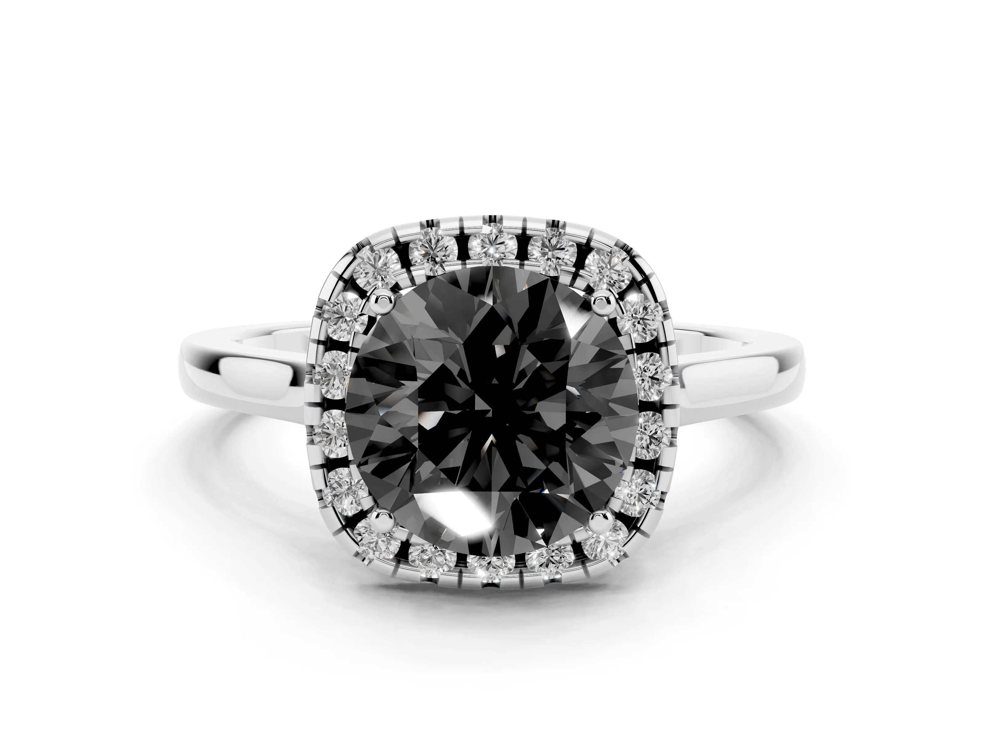 Fancy Black Round Cut Halo Round Diamond Solitaire Ring Set in Silver with Pavé Band and Prong Setting