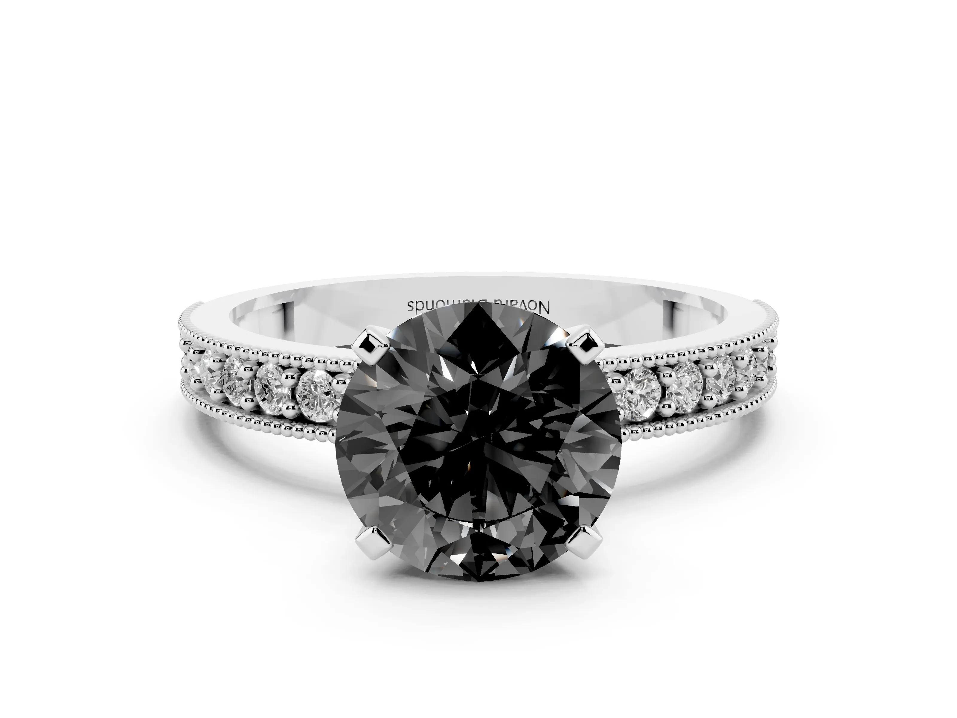 Fancy Black Round Cut Diamond Milgrain Pavé Engagement Ring Set in Silver with Prong Setting