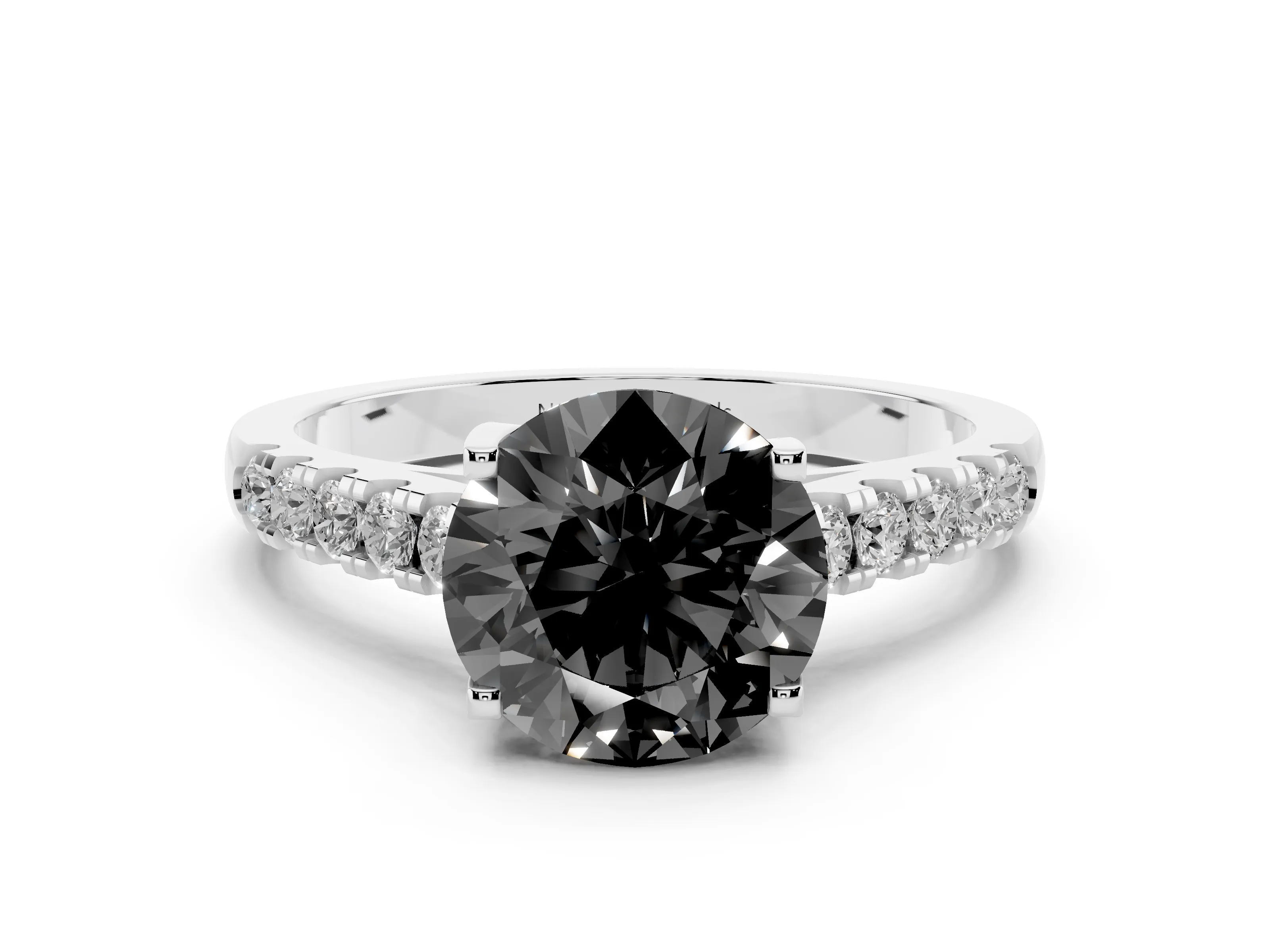 Fancy Black Round Cut Diamond Pavé Band Solitaire Ring Set in Platinum with Partway Accent Stones and Prong Setting