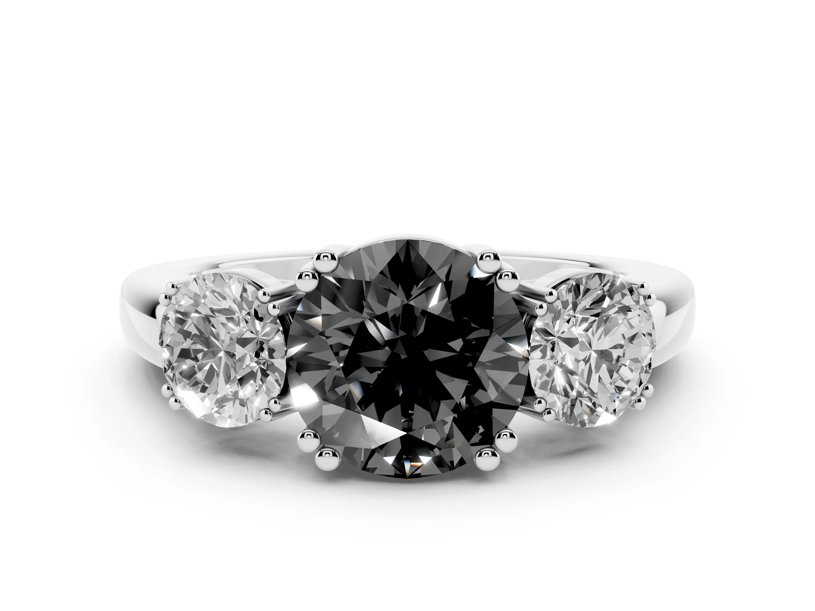 Fancy Black Round Cut Diamond Three-Stone Ring Set in White gold with Polished Channel-Set Band
