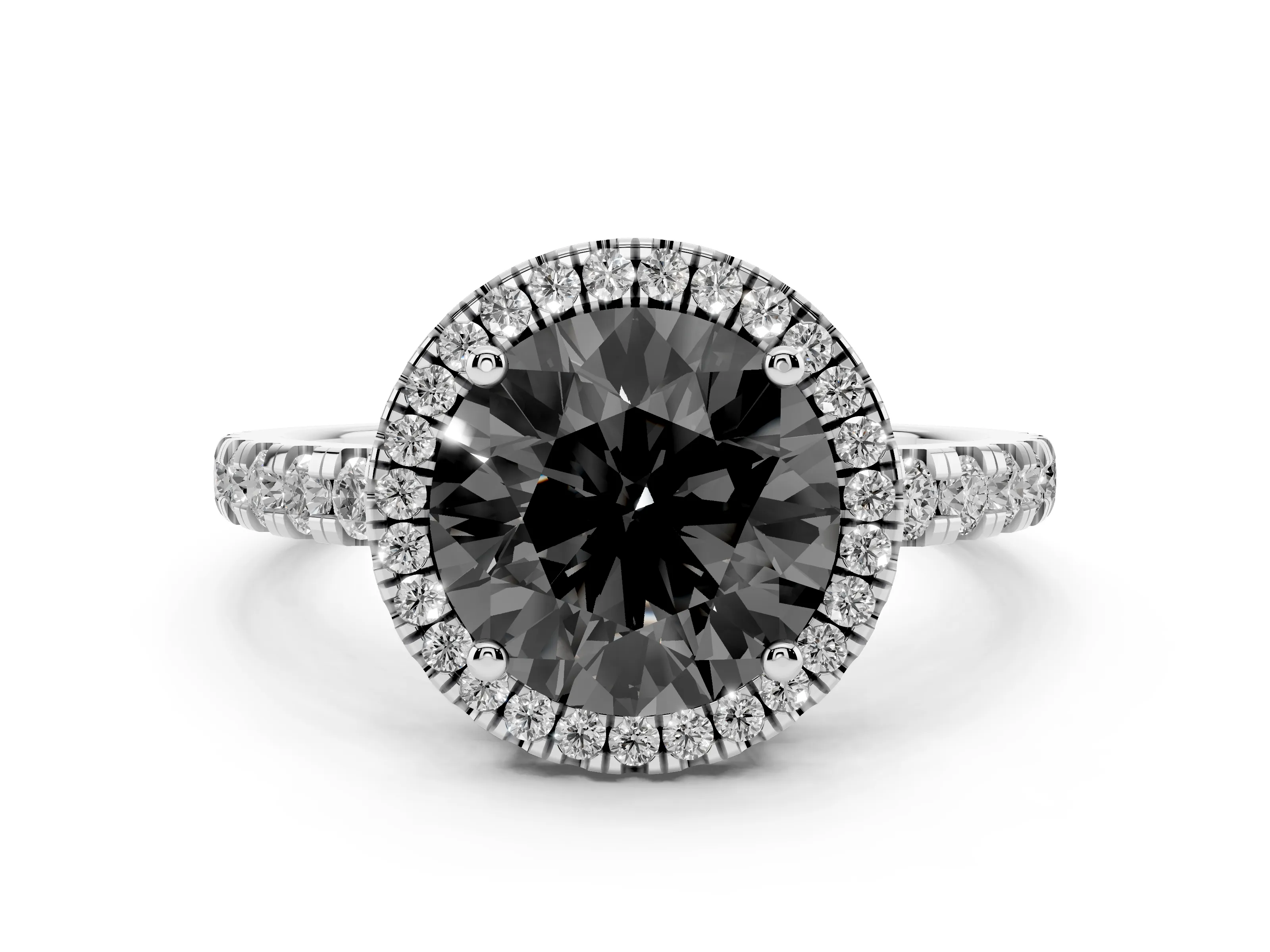 Fancy Black Round Cut Diamond Halo Ring Set in Platinum with Delicate Pavé Band and Prong Setting