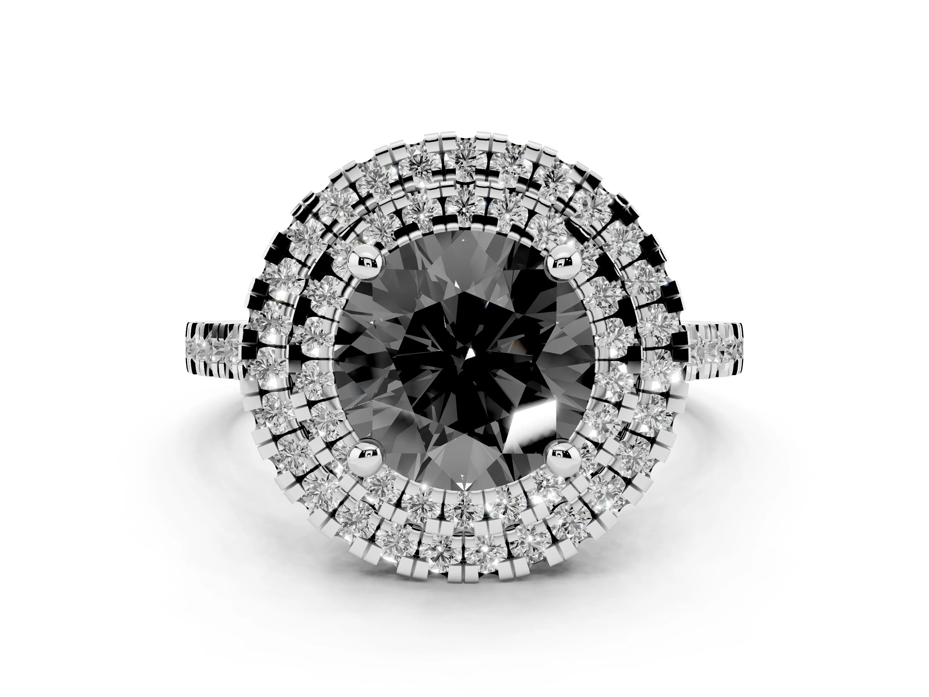 Fancy Black Round Cut Diamond Double Halo Statement Ring Set in Silver with Pavé Band
