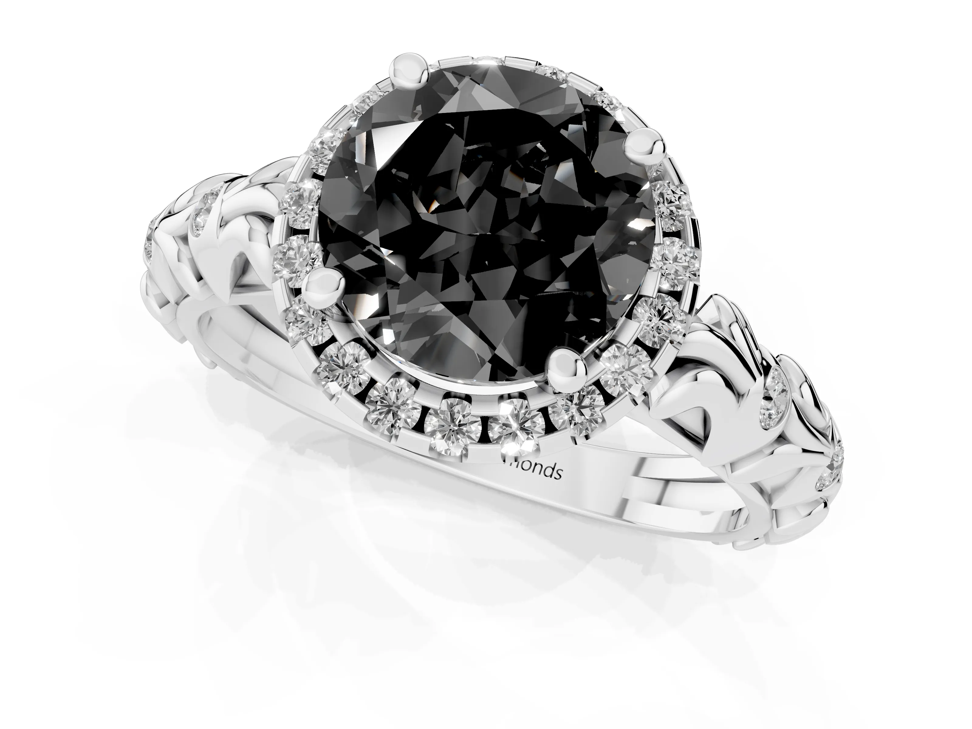 Fancy Black Round Cut Diamond Halo Ring Set in Silver with Filigree Leaf Band and Prong Setting
