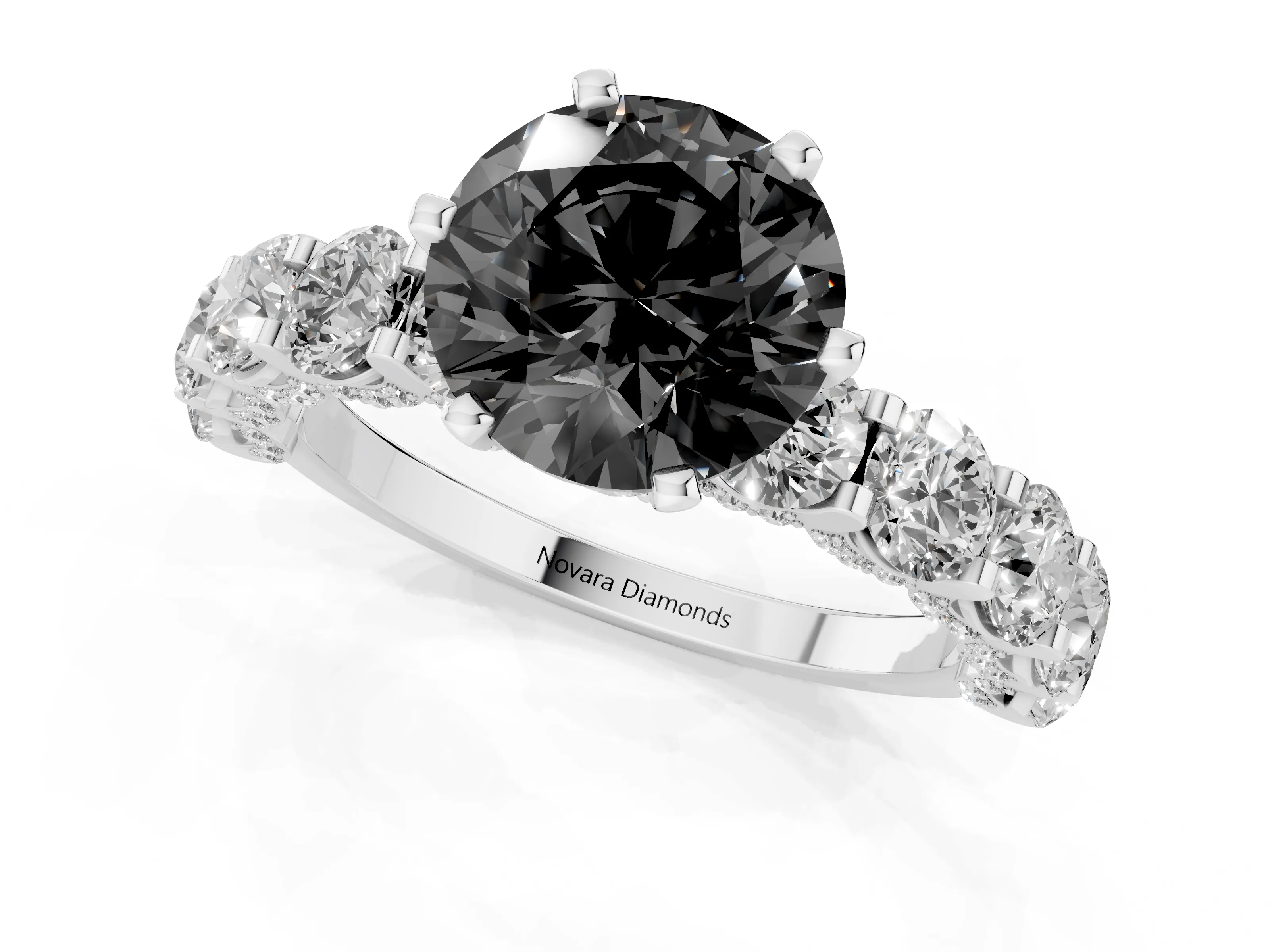 Fancy Black Round Cut Diamond Side Stone Ring Set in Silver with Alternating Round and Oval Side Stones – second view
