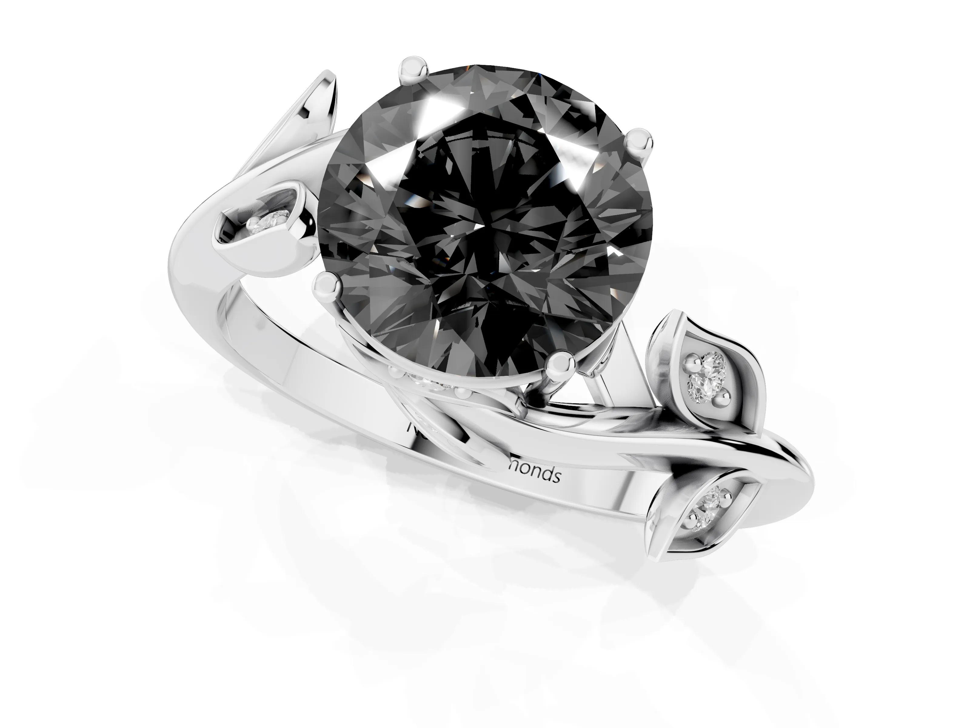Fancy Black Round Cut Diamond Solitaire Twist Engagement Ring Set in Silver with Pavé Leaf Accents