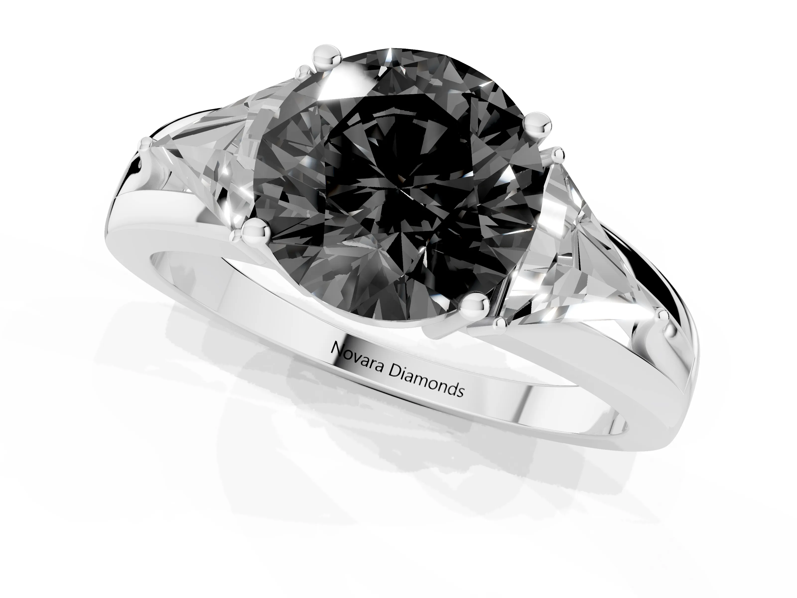 Fancy Black Round Cut Diamond Three-Stone Ring Set in Silver with Trillion Side Stones and Split Shank