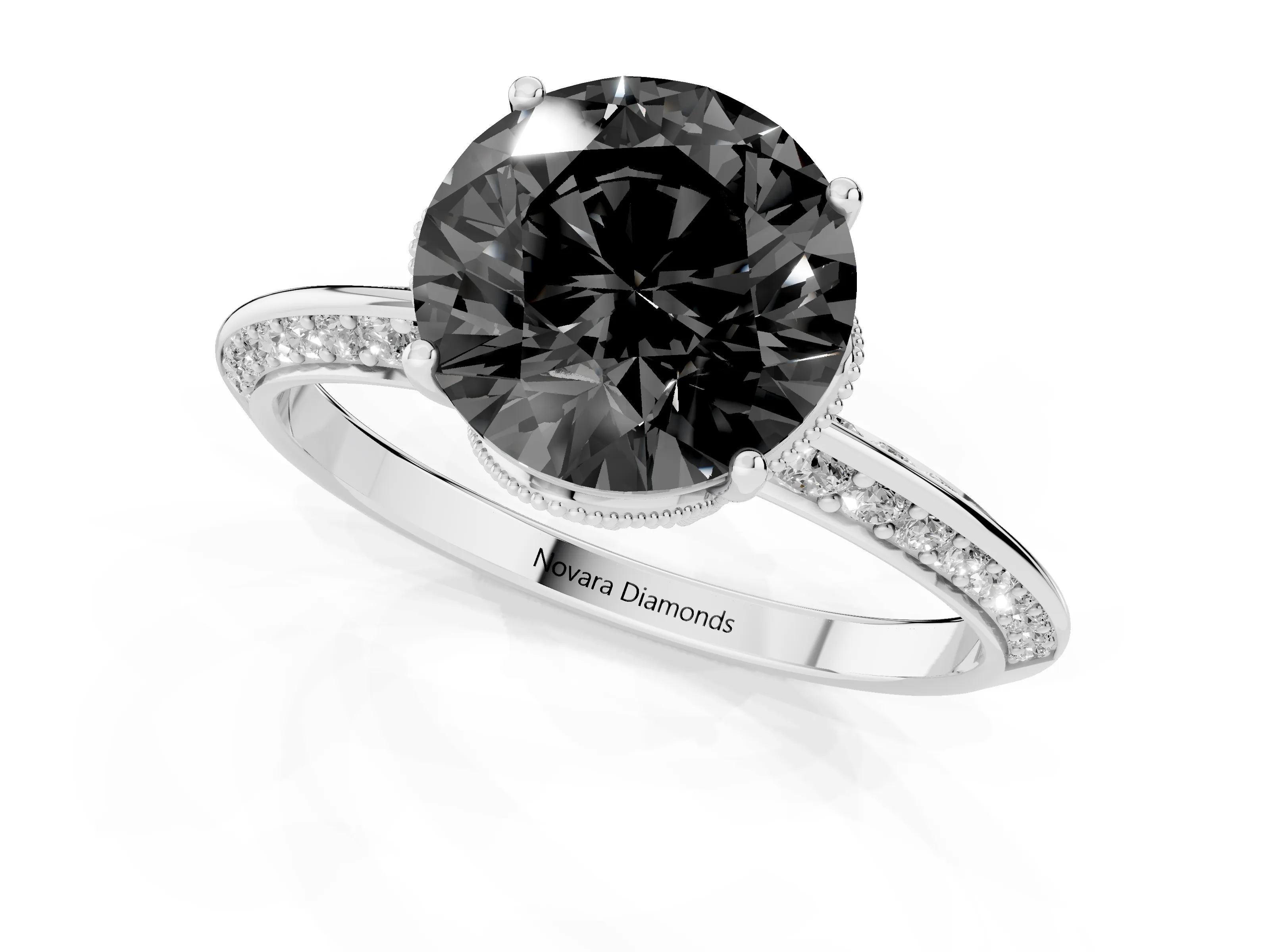 Fancy Black Round Cut Diamond Solitaire Engagement Ring Set in Silver with Pavé Split Shank and Prong Setting