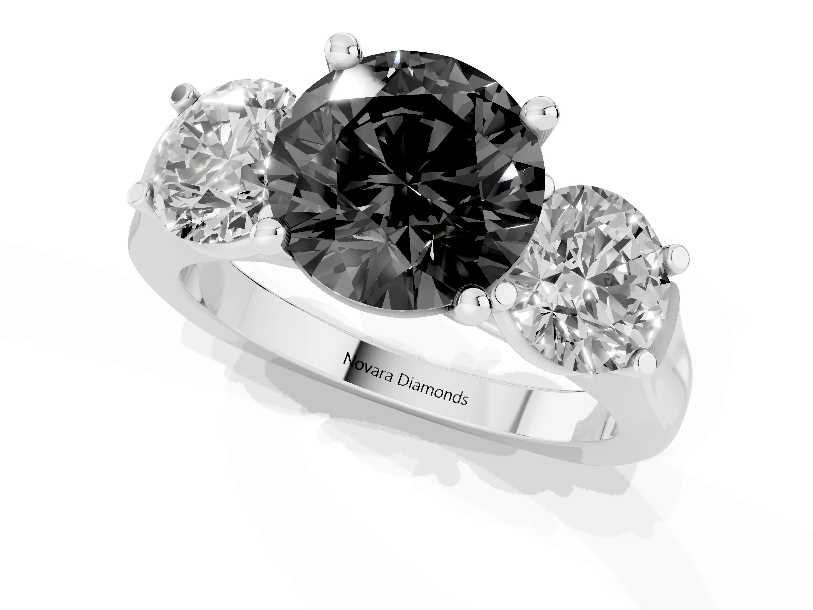 Fancy Black Round Cut Diamond Three-Stone Trellis Ring Set in Platinum with Comfort Fit Band