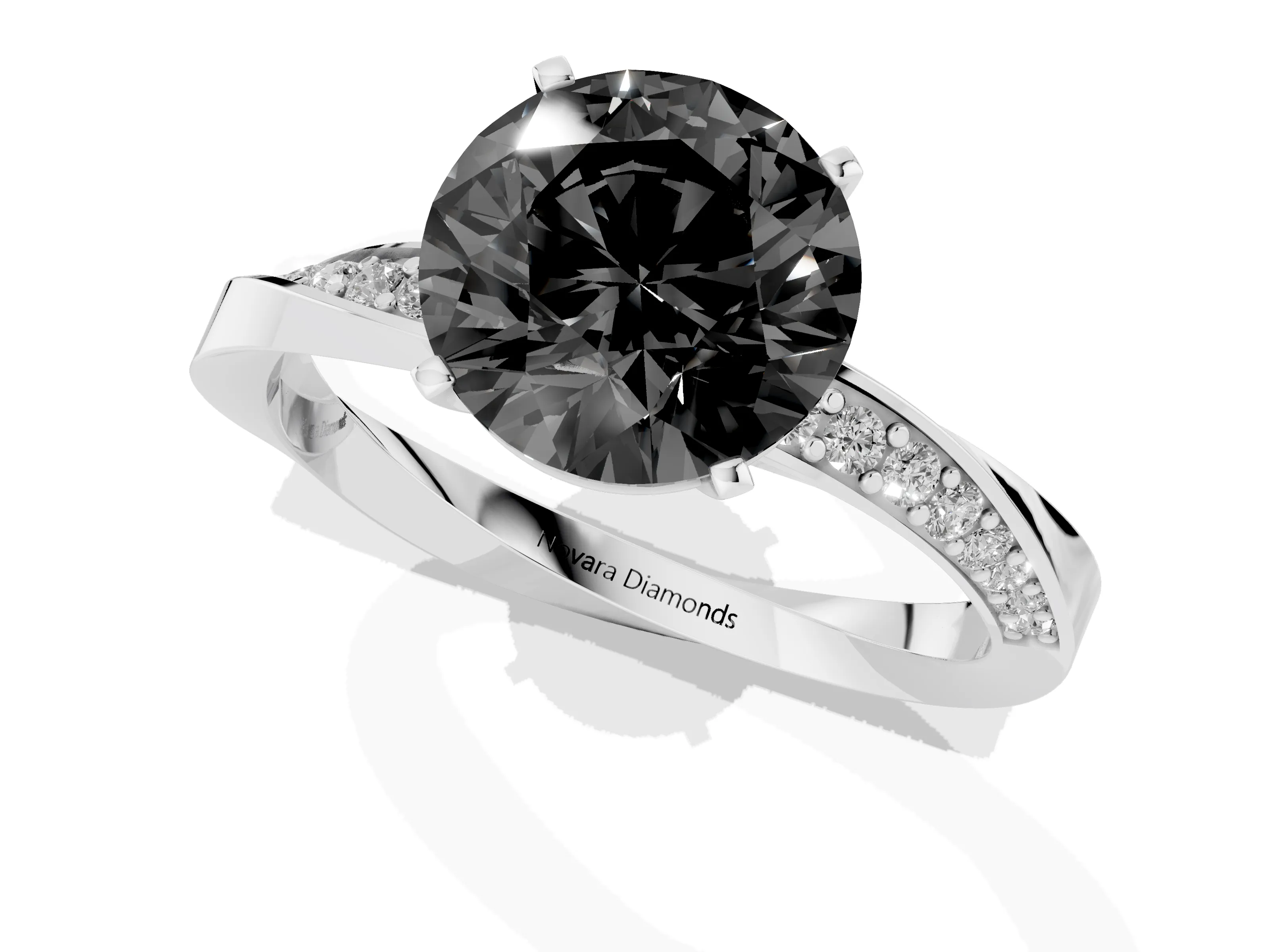 Fancy Black Round Cut Diamond Engagement Ring Set in White gold with Side Stone Accents and Prong Setting