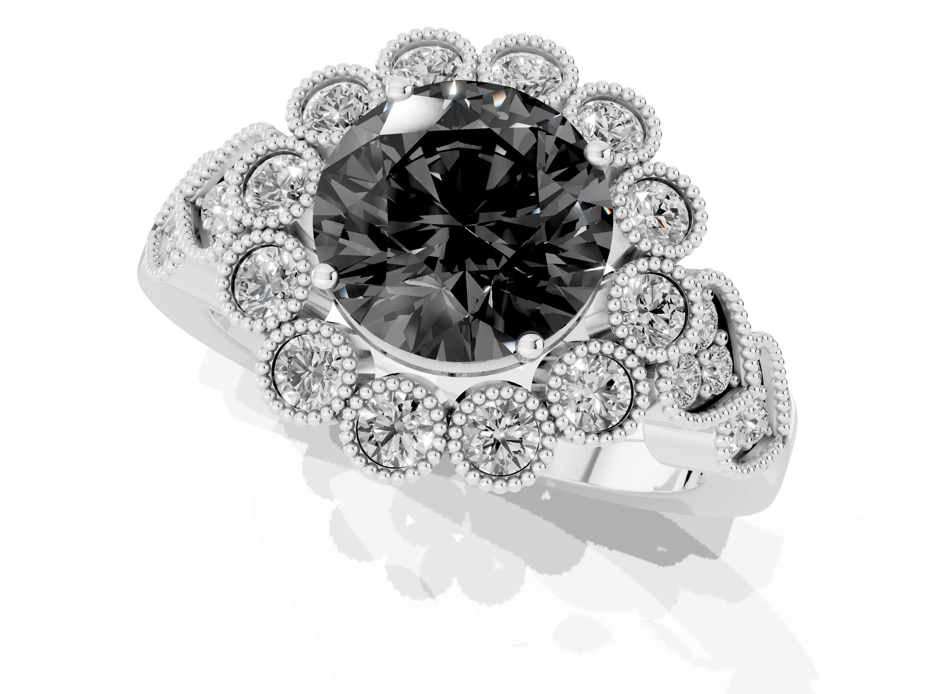 Fancy Black Round Cut Diamond Solitaire Ring Set in White gold with Milgrain Pavé Heart Band