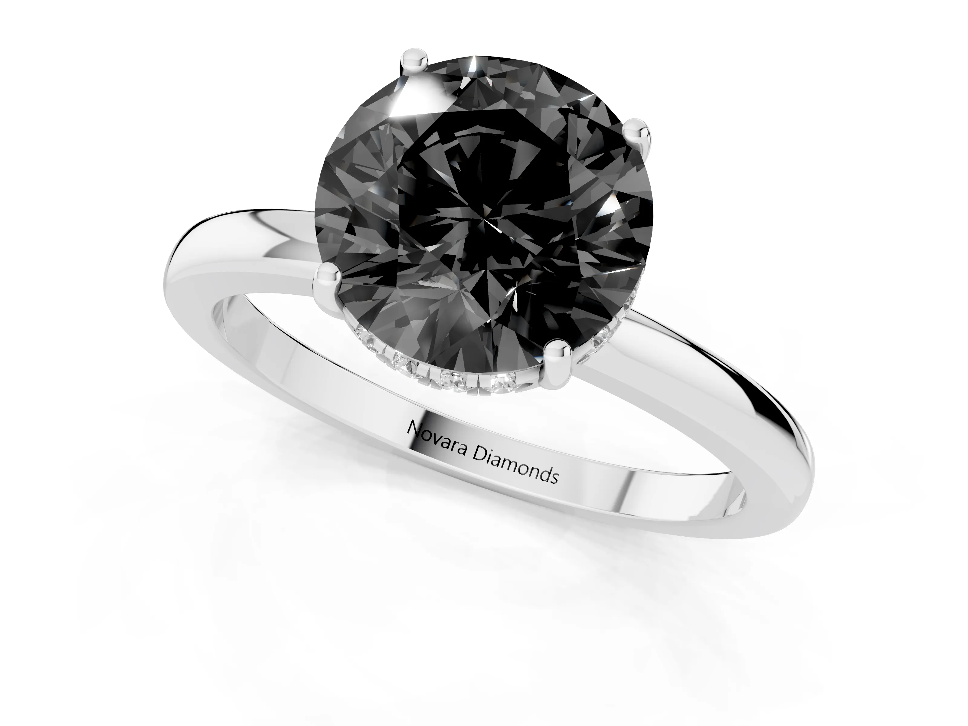 Fancy Black Round Cut Diamond Solitaire Ring Set in Platinum with Plain Band and Prong Setting