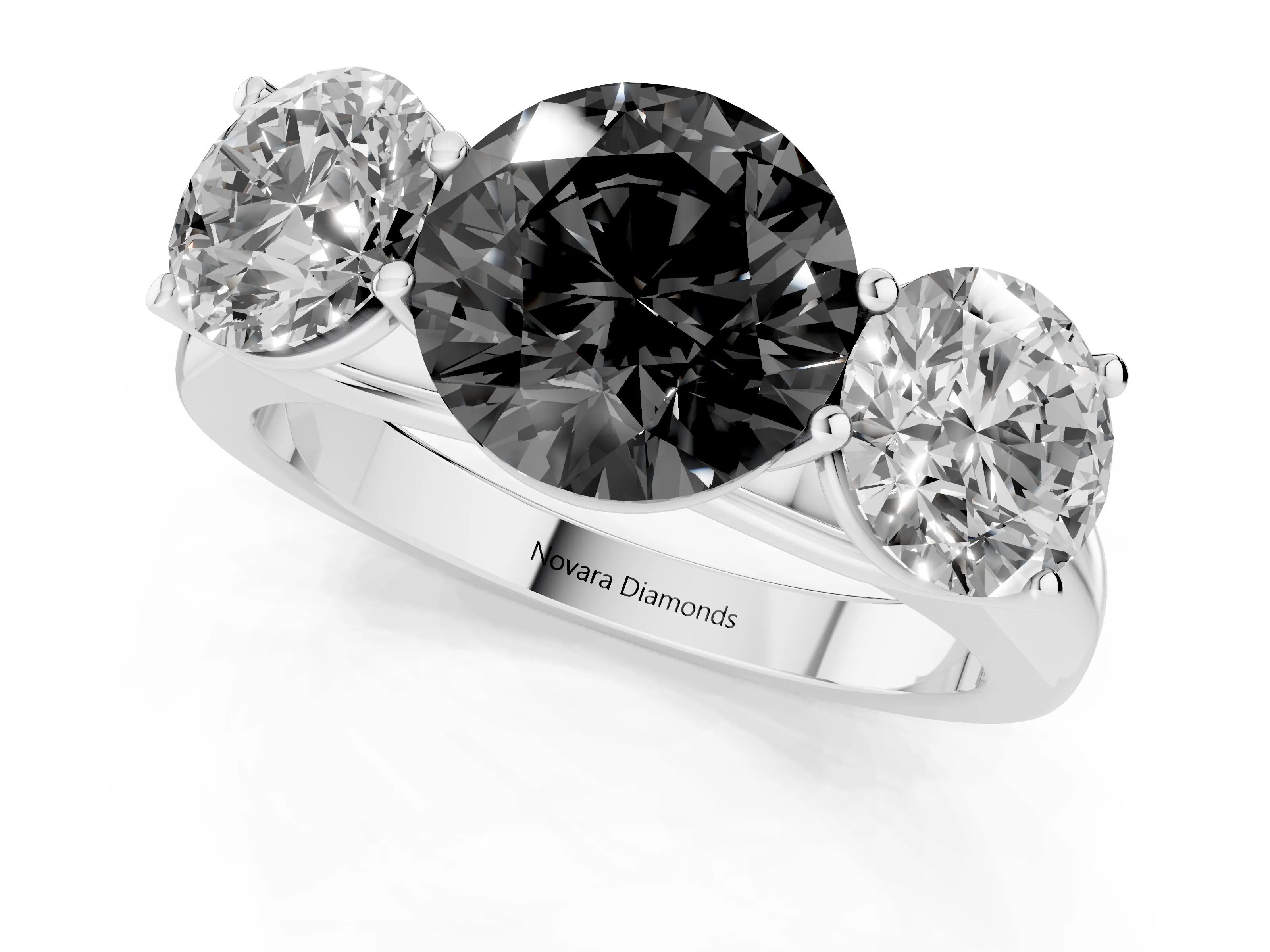 Fancy Black Round Cut Diamond Three-Stone Ring Set in Silver with Plain Polished Band
