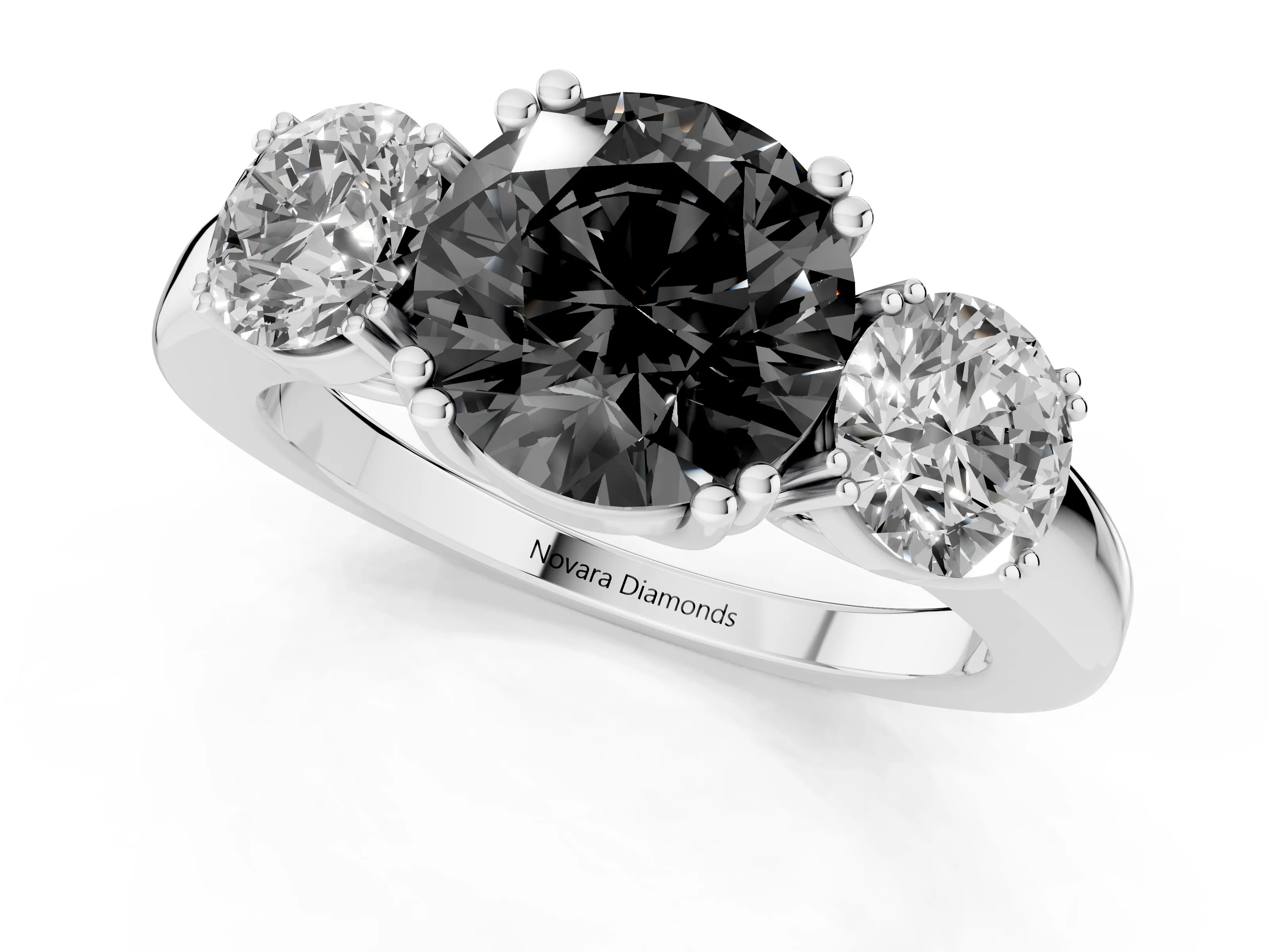 Fancy Black Round Cut Diamond Three-Stone Ring Set in White gold with Polished Channel-Set Band
