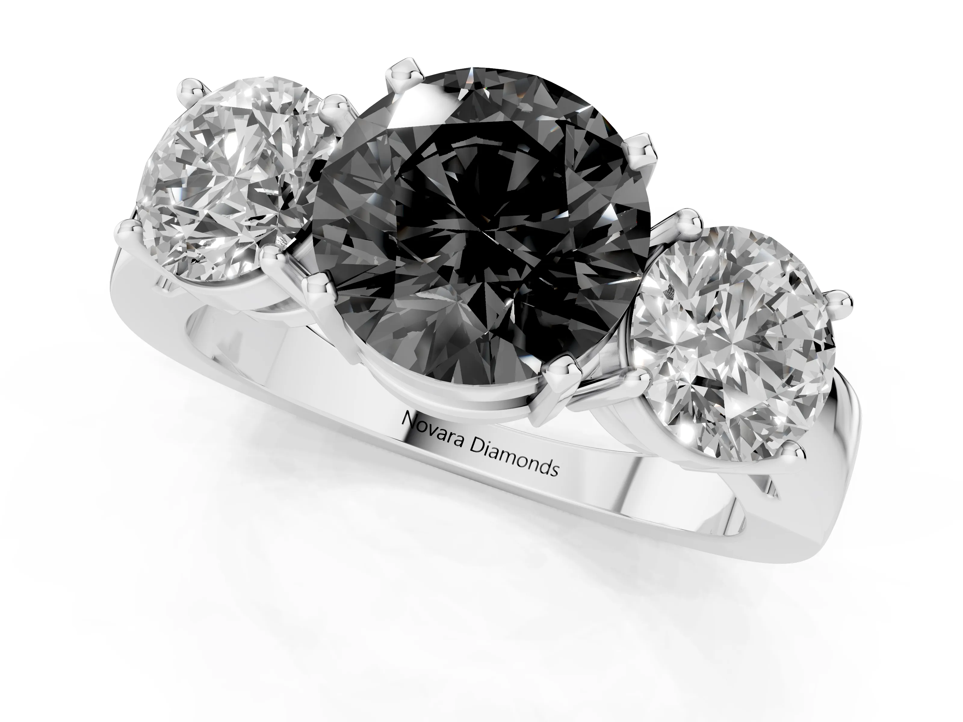 Fancy Black Round Cut Diamond Three-Stone Ring Set in Silver with Round Side Stones and Classic Band