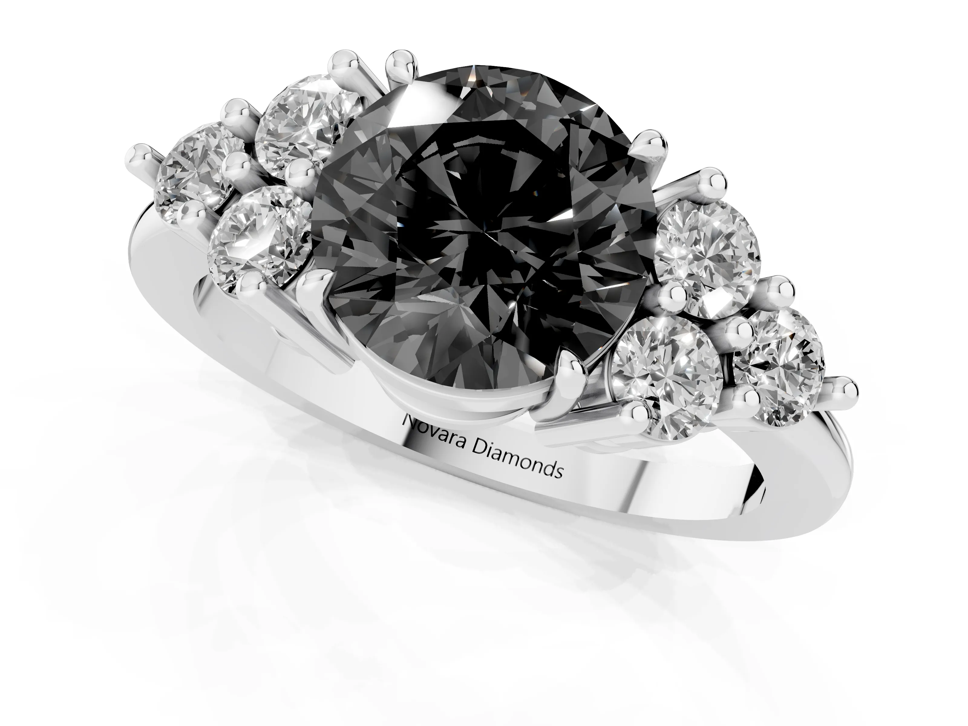 Fancy Black Round Cut Diamond Solitaire Ring Set in Silver with Cluster Accents on Each Side