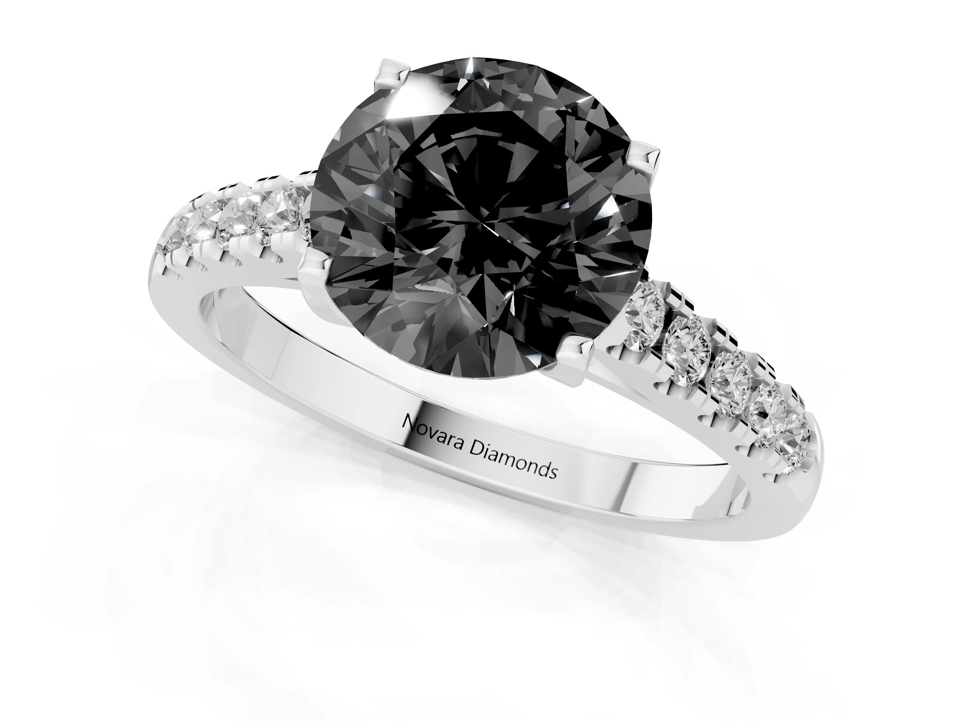 Fancy Black Round Cut Diamond Pavé Band Solitaire Ring Set in White gold with Partway Accent Stones and Prong Setting