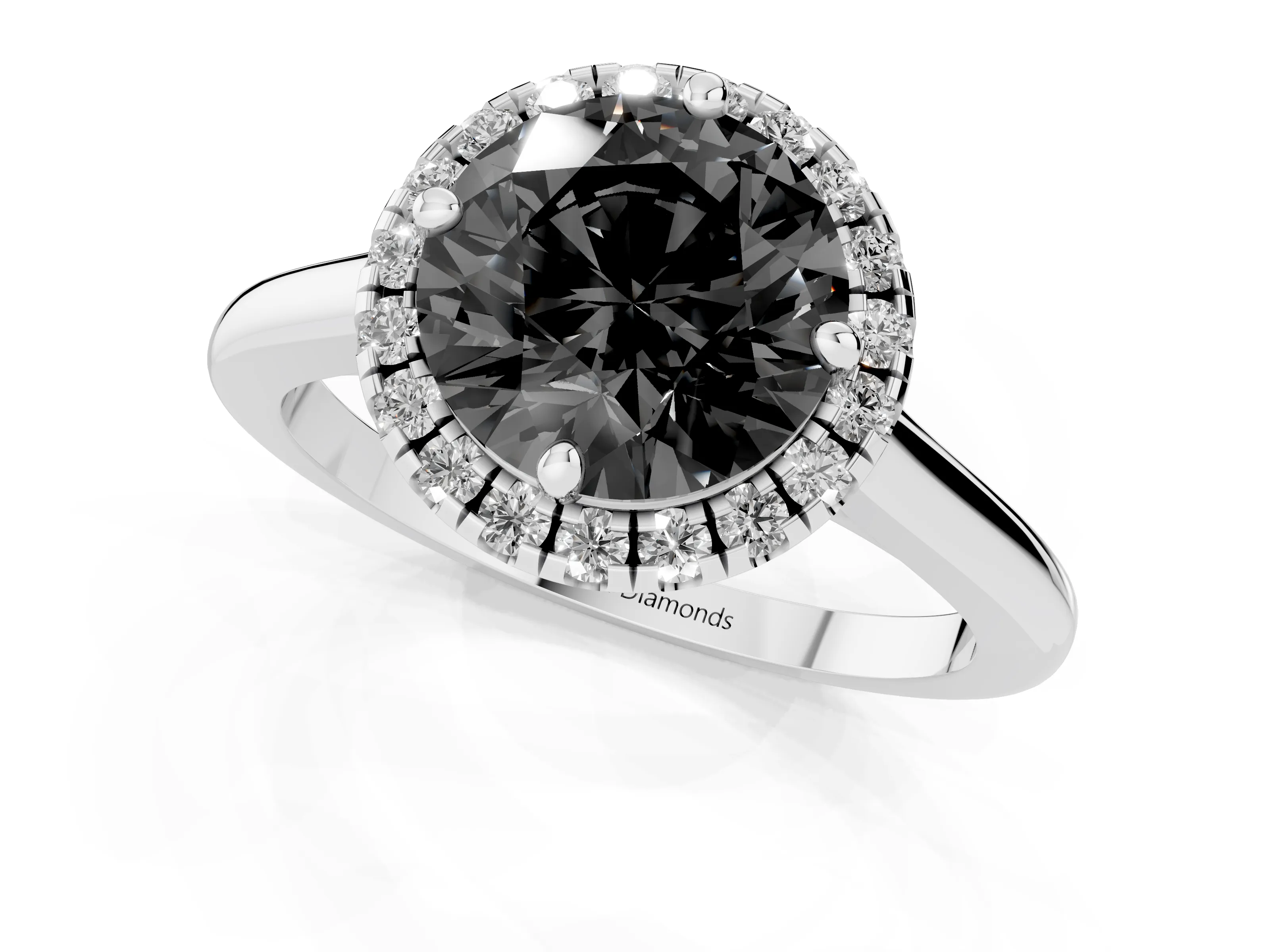 Fancy Black Round Cut Diamond Halo Engagement Ring Set in Platinum with Pavé Band and Rising Shoulders