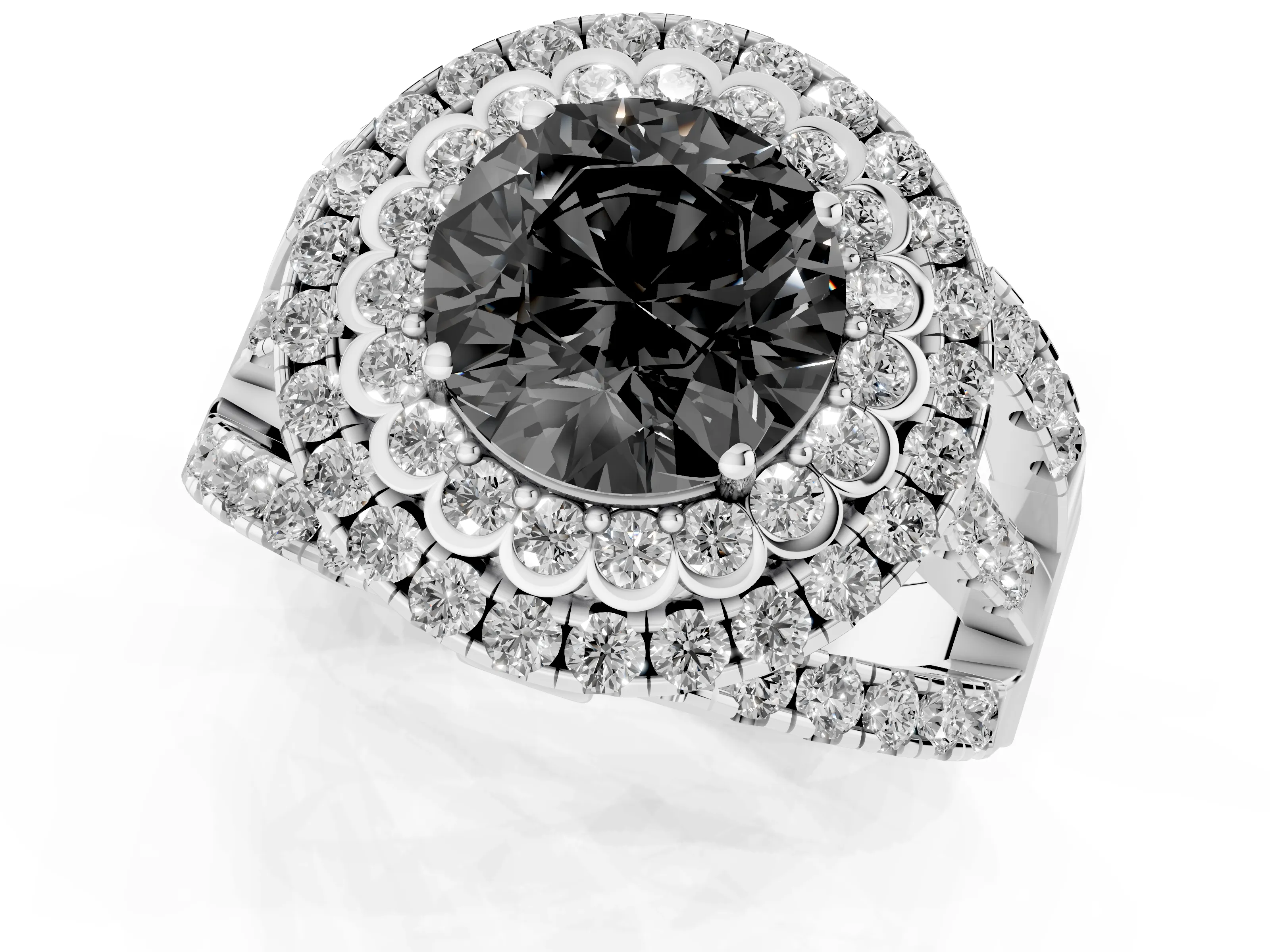 Fancy Black Round Cut Diamond Double Halo Ring Set in White gold with Round Pavé Split Shank